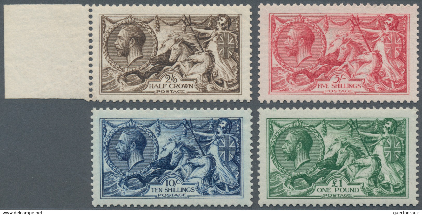 Großbritannien: 1913, Seahorses Simplified Set Of Four 2s6d. Sepia-brown To £1 Green (one Nibbed Per - Andere & Zonder Classificatie