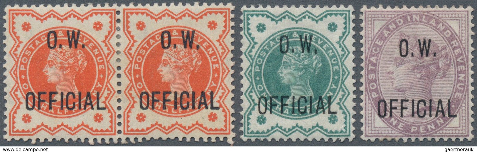 Großbritannien - Dienstmarken: 1896/1902, Office Of Works, QV ½d. Orange Horizontal Pair, ½d. Blue-g - Dienstzegels