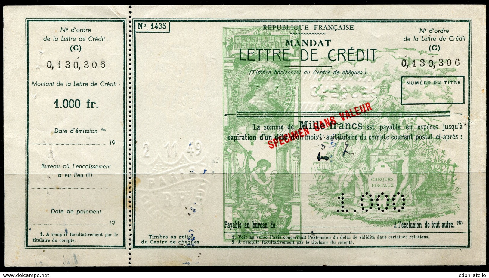 FRANCE MANDAT LETTRE DE CREDIT DE 1000 Fr. SURCHARGE SPECIMEN SANS VALEUR - Coupons-réponse