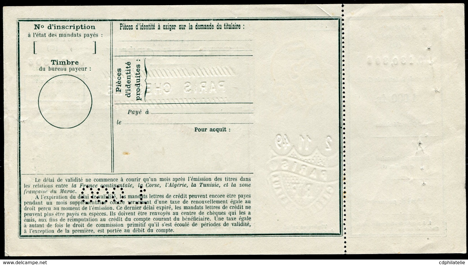 FRANCE MANDAT LETTRE DE CREDIT DE 1000 Fr. SURCHARGE SPECIMEN SANS VALEUR - Coupons-réponse