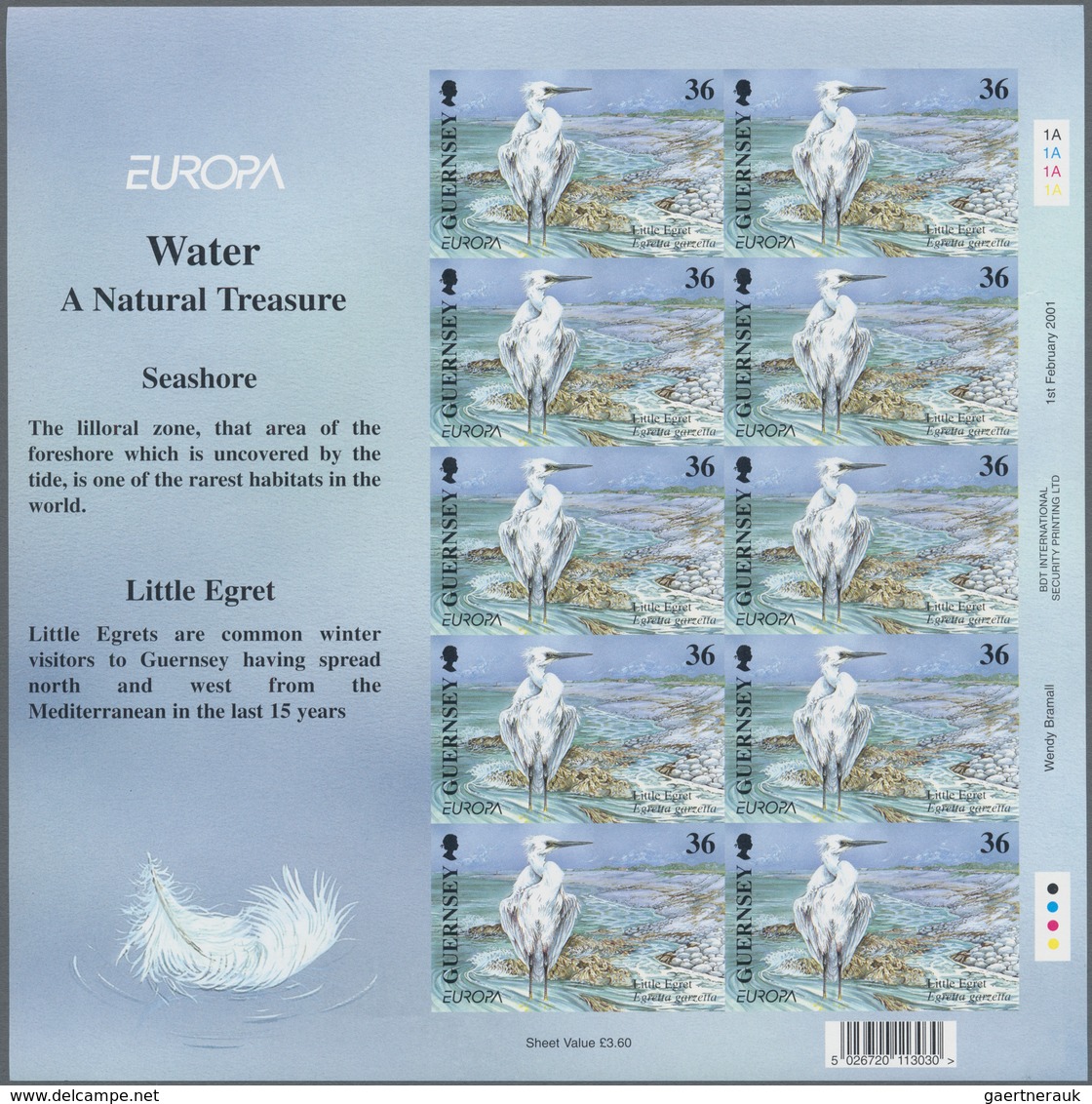 Großbritannien - Guernsey: 2001, 36 P. "Europe - Birds - Little Egret" As Completely Imperforated Mi - Guernesey