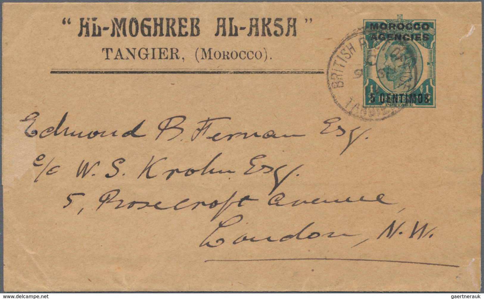 Britische Post In Marokko - Ganzsachen: 1917 (ca.), 5 C Overprint On 1/2 Penny Blue Postal Stationer - Postämter In Marokko/Tanger (...-1958)