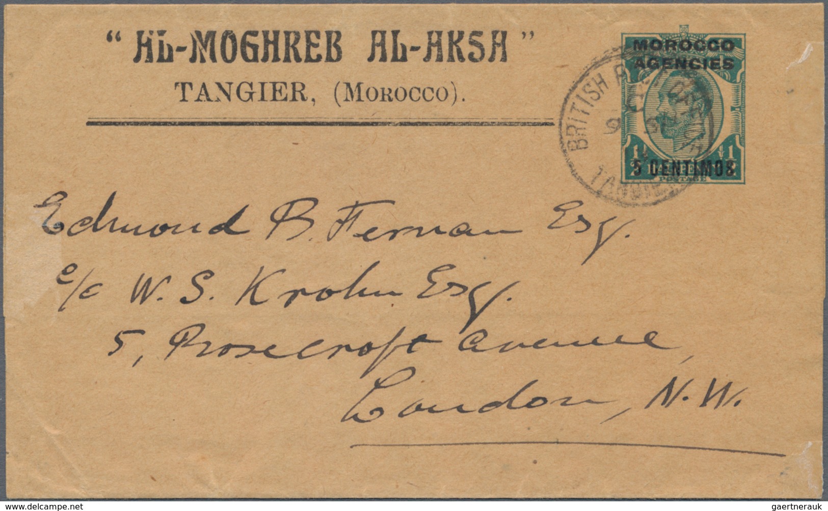 Britische Post In Marokko - Ganzsachen: 1917 (ca.), 5 C Overprint On 1/2 Penny Blue Postal Stationer - Morocco Agencies / Tangier (...-1958)