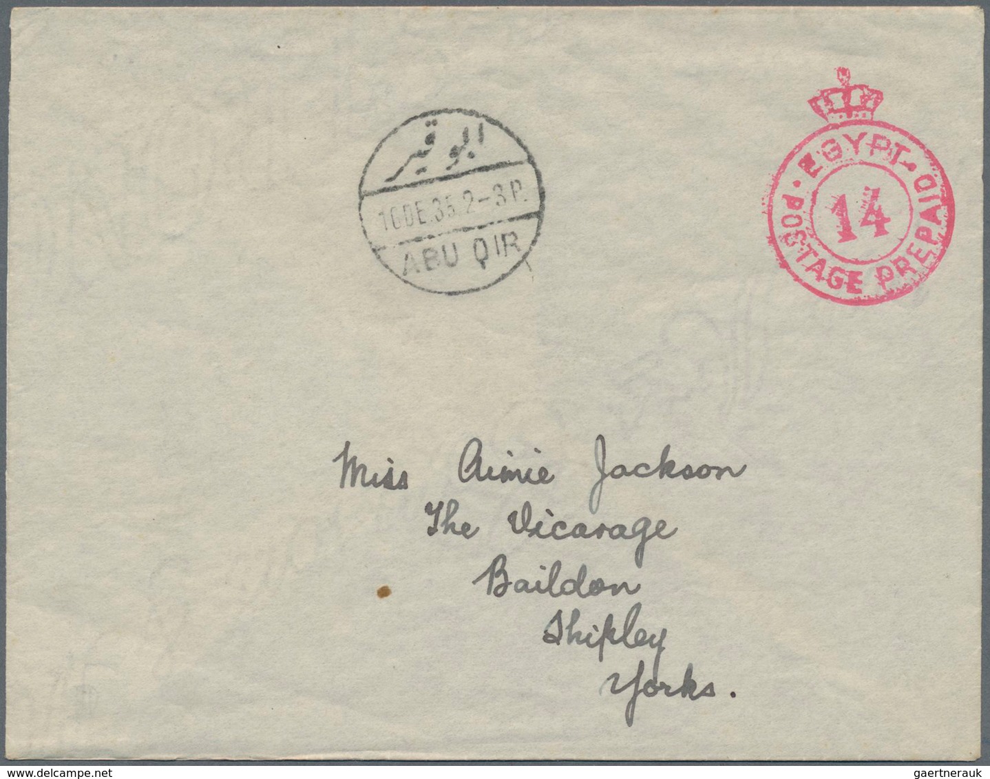 Britische Militärpost In Ägypten: 1935, "(CROWN) POSTAGE PREPAID 14" Red Cancellation On Cover (open - Andere & Zonder Classificatie