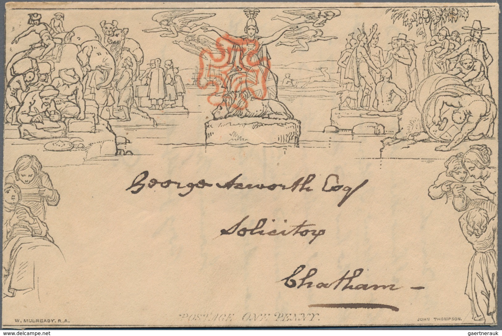 Großbritannien - Ganzsachen: 1840, Muready Envelope 1d. Black Used With Red MC On Front And C.d.s. " - 1840 Mulready Omslagen En Postblad