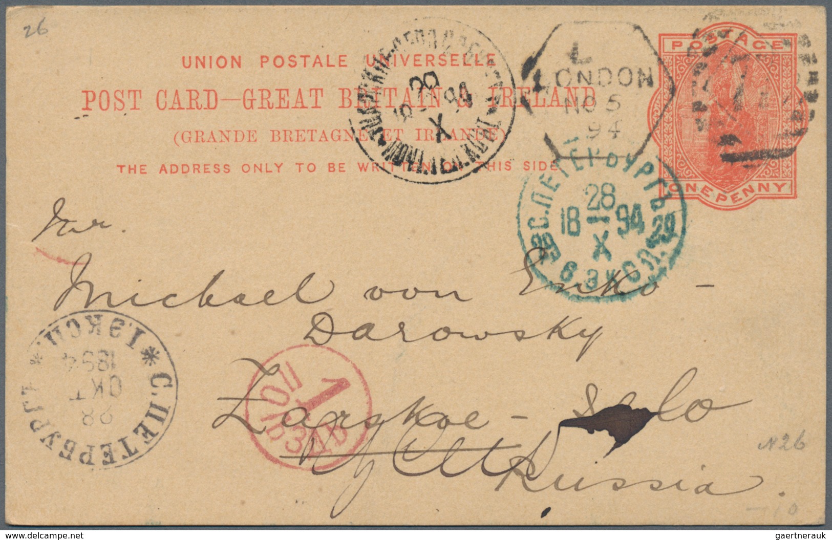 Großbritannien - Ganzsachen: 1894, 1 Penny Orange Postal Stationery Card From London To Russia With - 1840 Mulready-Umschläge