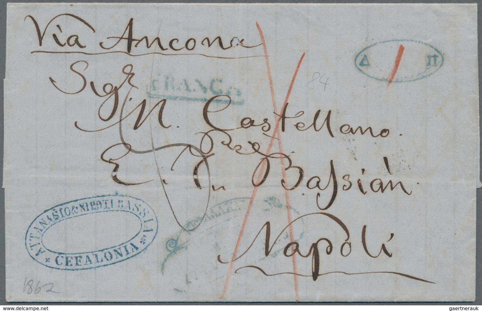 Ionische Inseln: 1862, "CETALONIA" Folded Letter With One-liner "FRANCA." In Blue, Oval Handstamp "D - Isole Ioniche