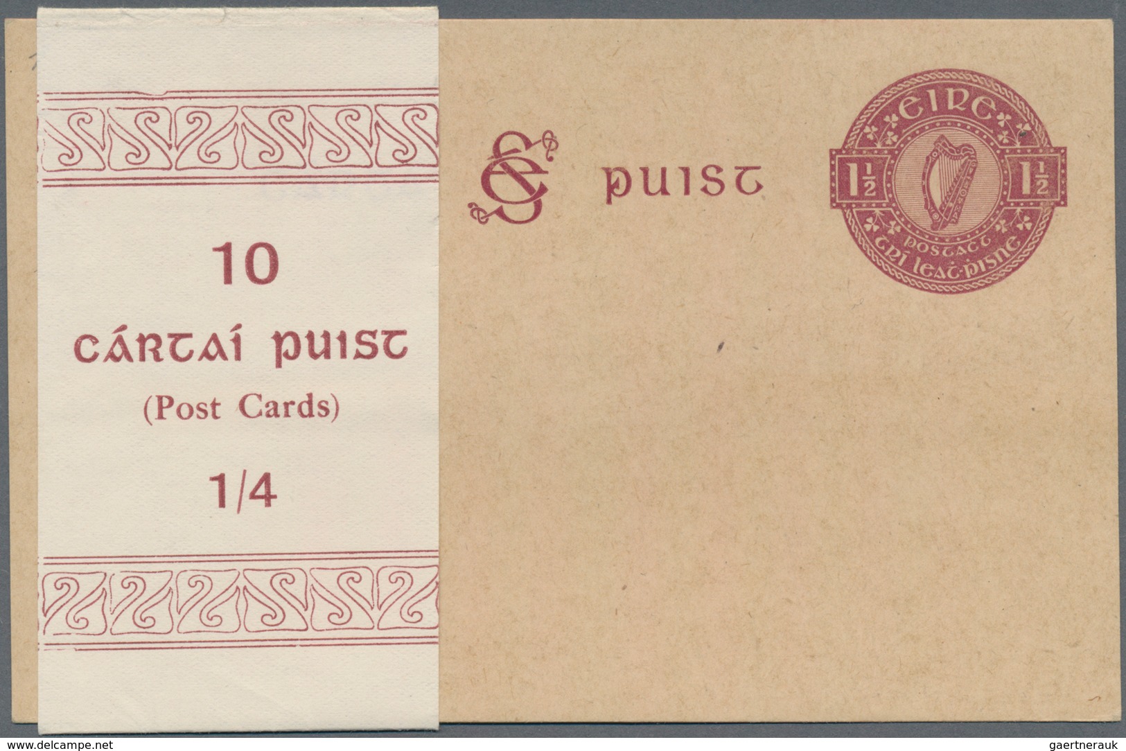 Irland - Ganzsachen: 1924, 1 1/2 Pg Purble Postal Stationery Postcard + Original Wrap "10 Cártai Pui - Postwaardestukken