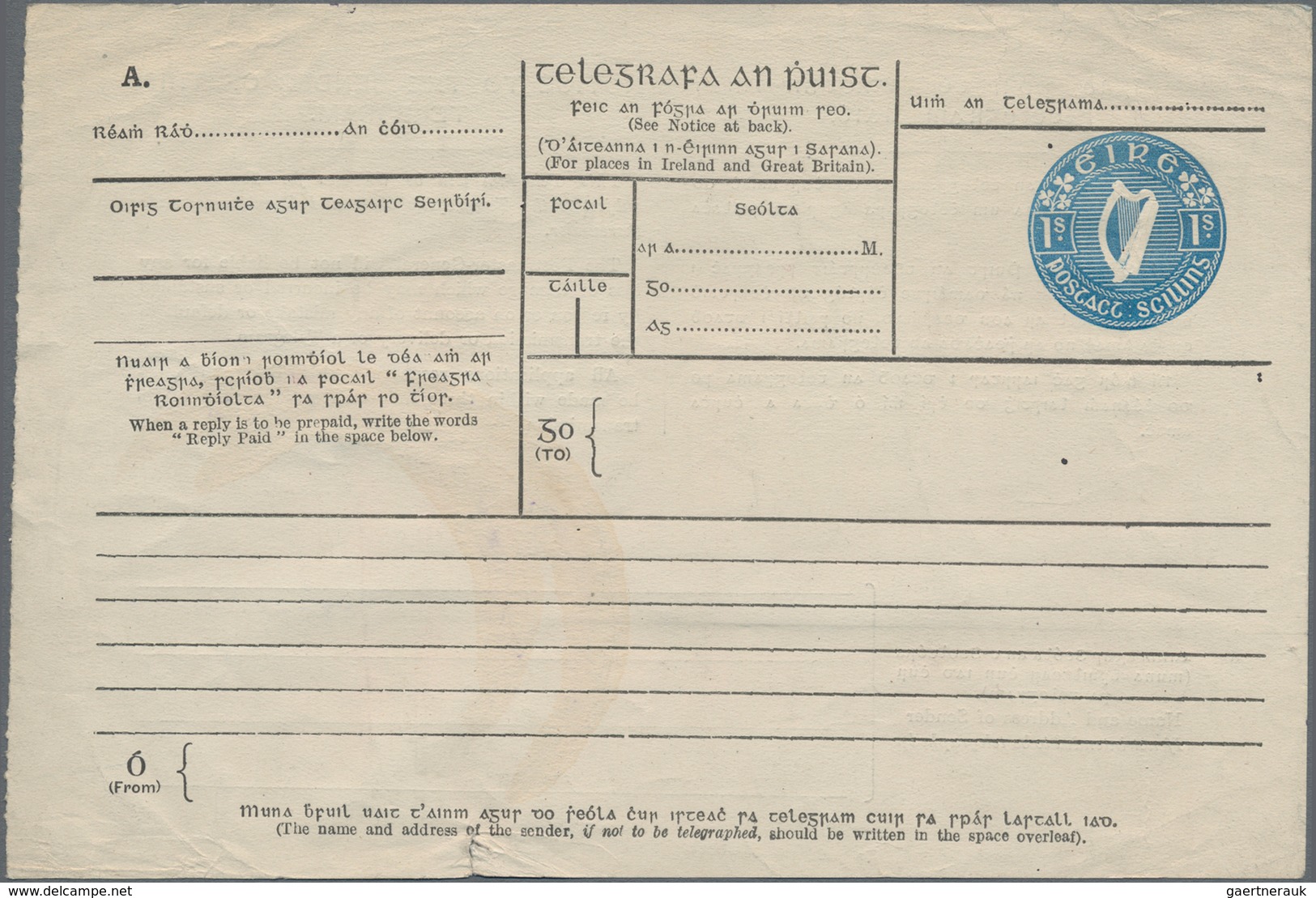 Irland - Ganzsachen: 1924, Telegram Sheet 1sc. Blue, Unsued, Slight Imperfections, Extremely Rare. M - Postwaardestukken