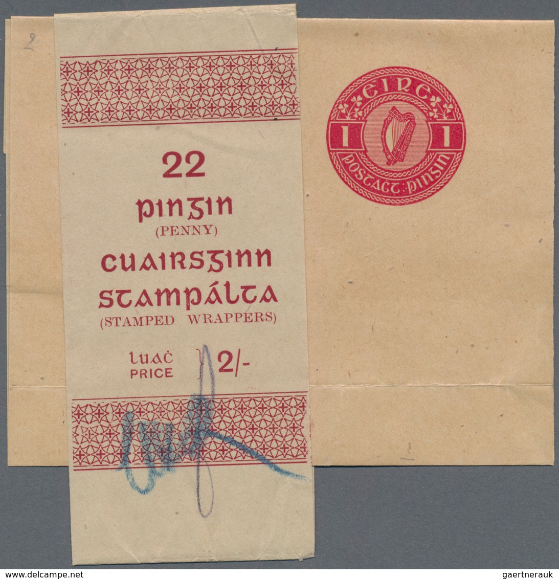 Irland - Ganzsachen: 1924, 1/2 Pg Green And 1 Pg Red Each Wrapper Unused (folded) + Original Post Ba - Postal Stationery