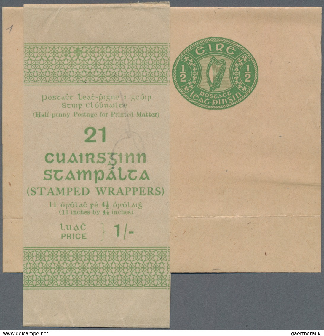 Irland - Ganzsachen: 1924, 1/2 Pg Green And 1 Pg Red Each Wrapper Unused (folded) + Original Post Ba - Postal Stationery