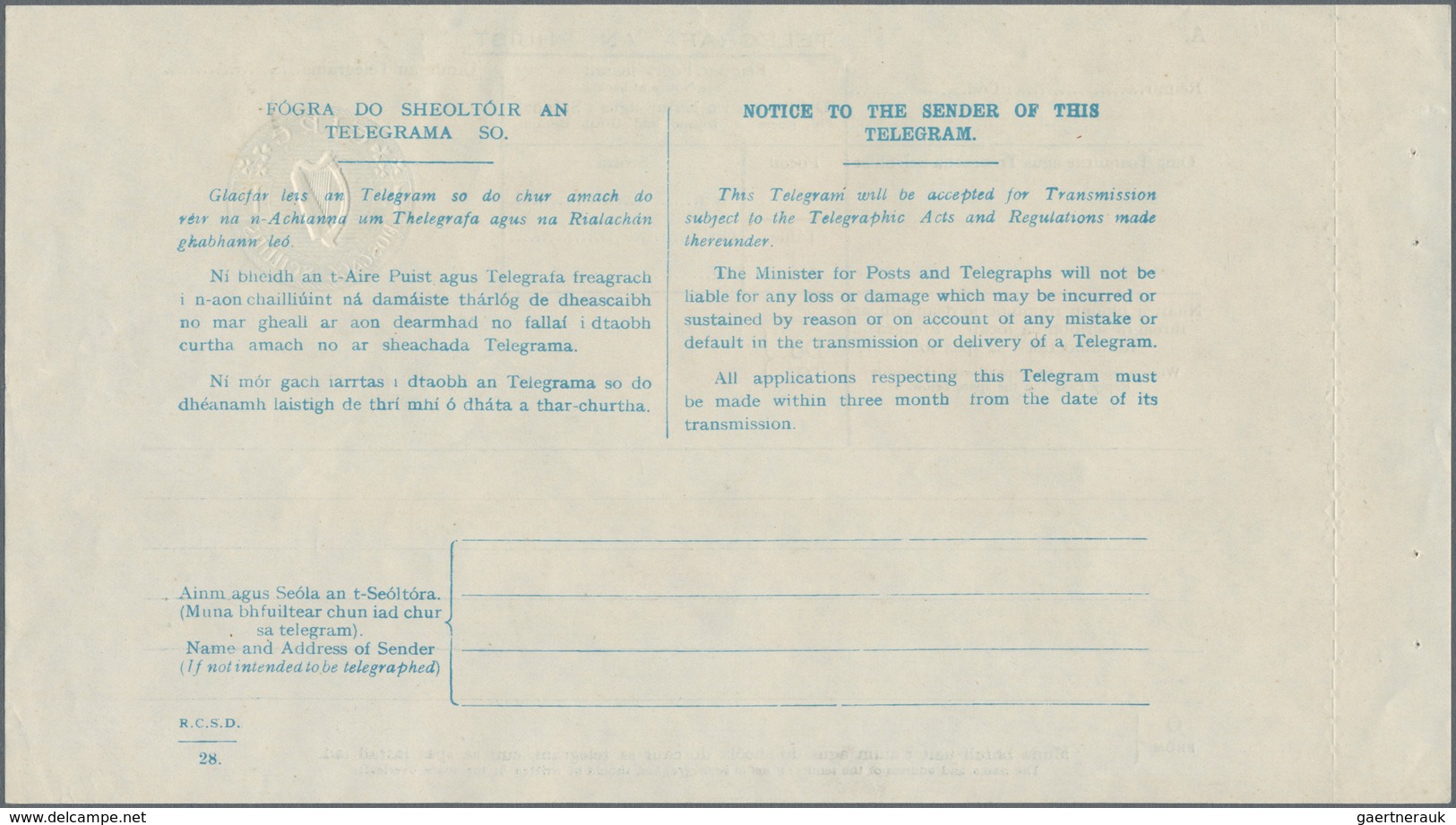 Irland - Ganzsachen: 1947, Telegram Sheet 1sc. Blue, Unused In Perfect Quality, Extremely Rare (plus - Postwaardestukken