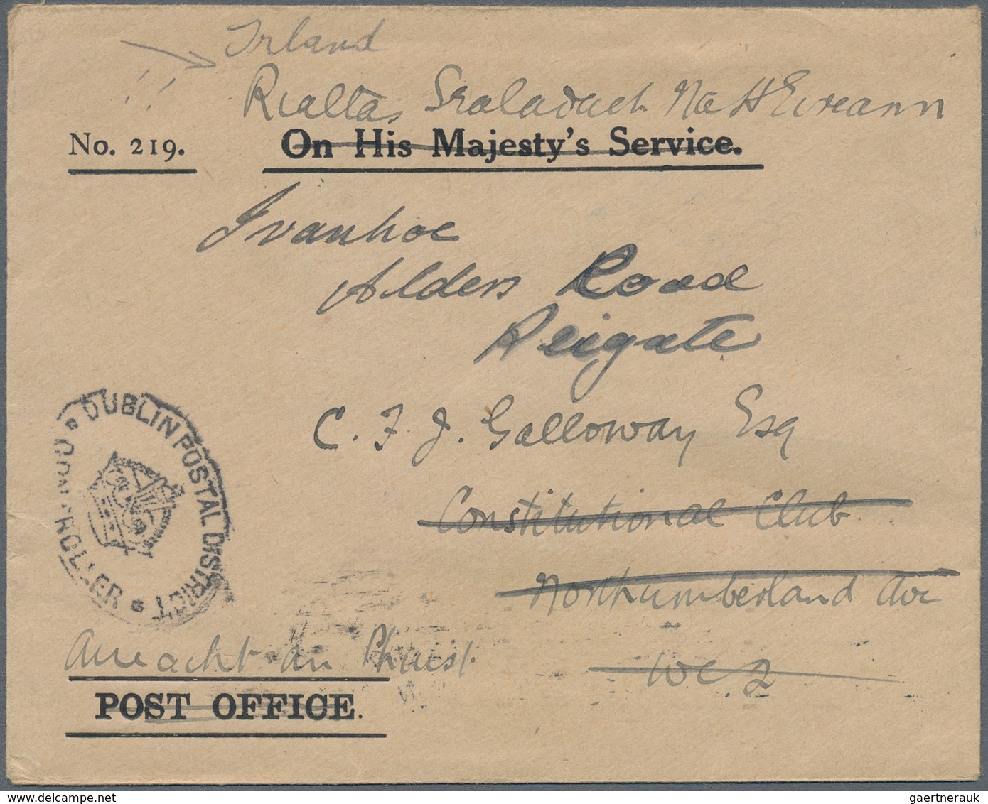 Irland - Besonderheiten: 1922, "On His Majesty's Service." Form Envelope (text Deleted) With Oval Ha - Other & Unclassified