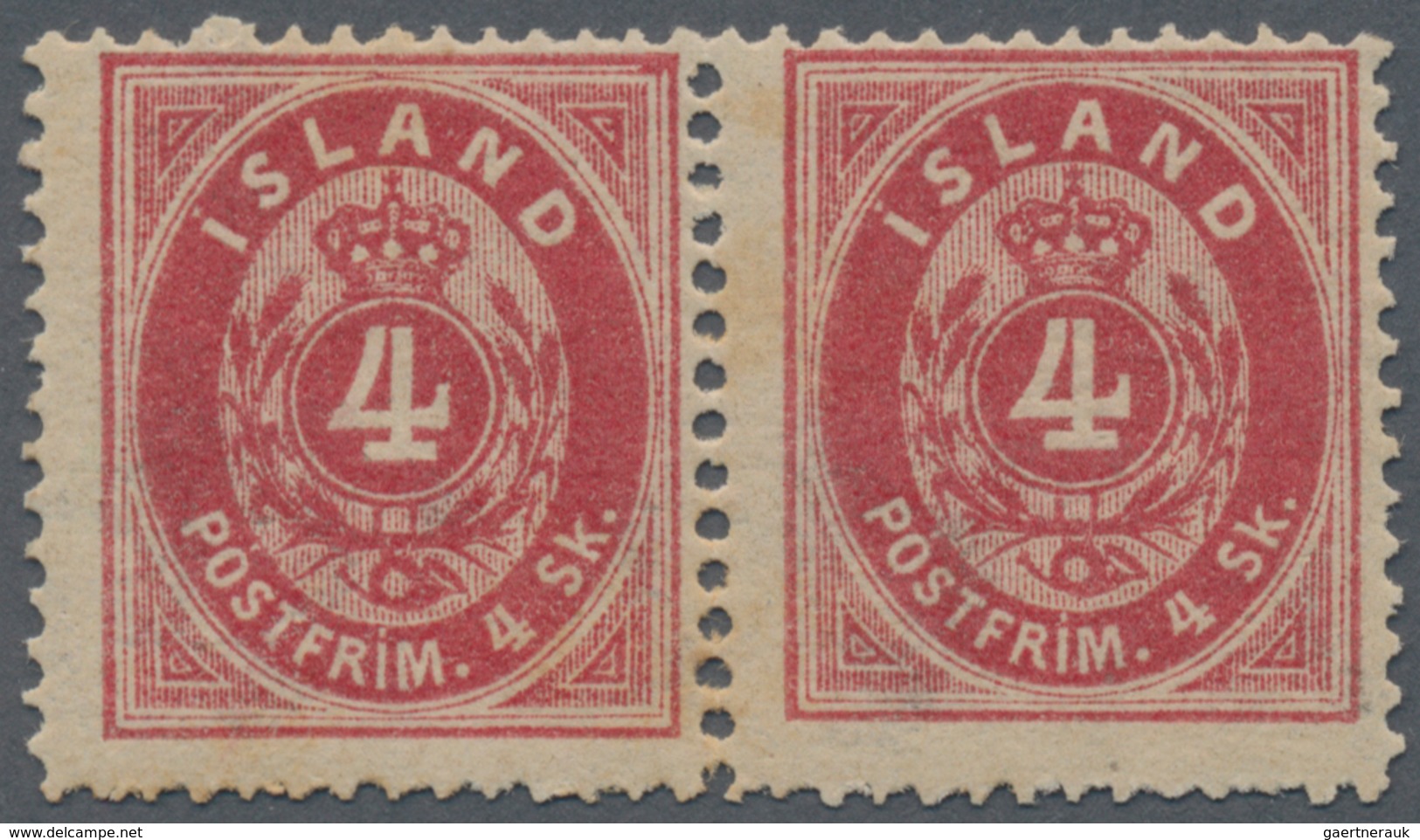 Island: 1873 4s. Red Horizontal Pair, Perf 14x13½, MINT NEVER HINGED, With Few Very Light Stains On - Andere & Zonder Classificatie