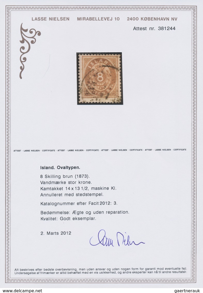 Island: 1873 8s. Brown, Used And Cancelled By Reykjavik Datestamp, Fine. L. Nielsen Certificate. (Mi - Other & Unclassified