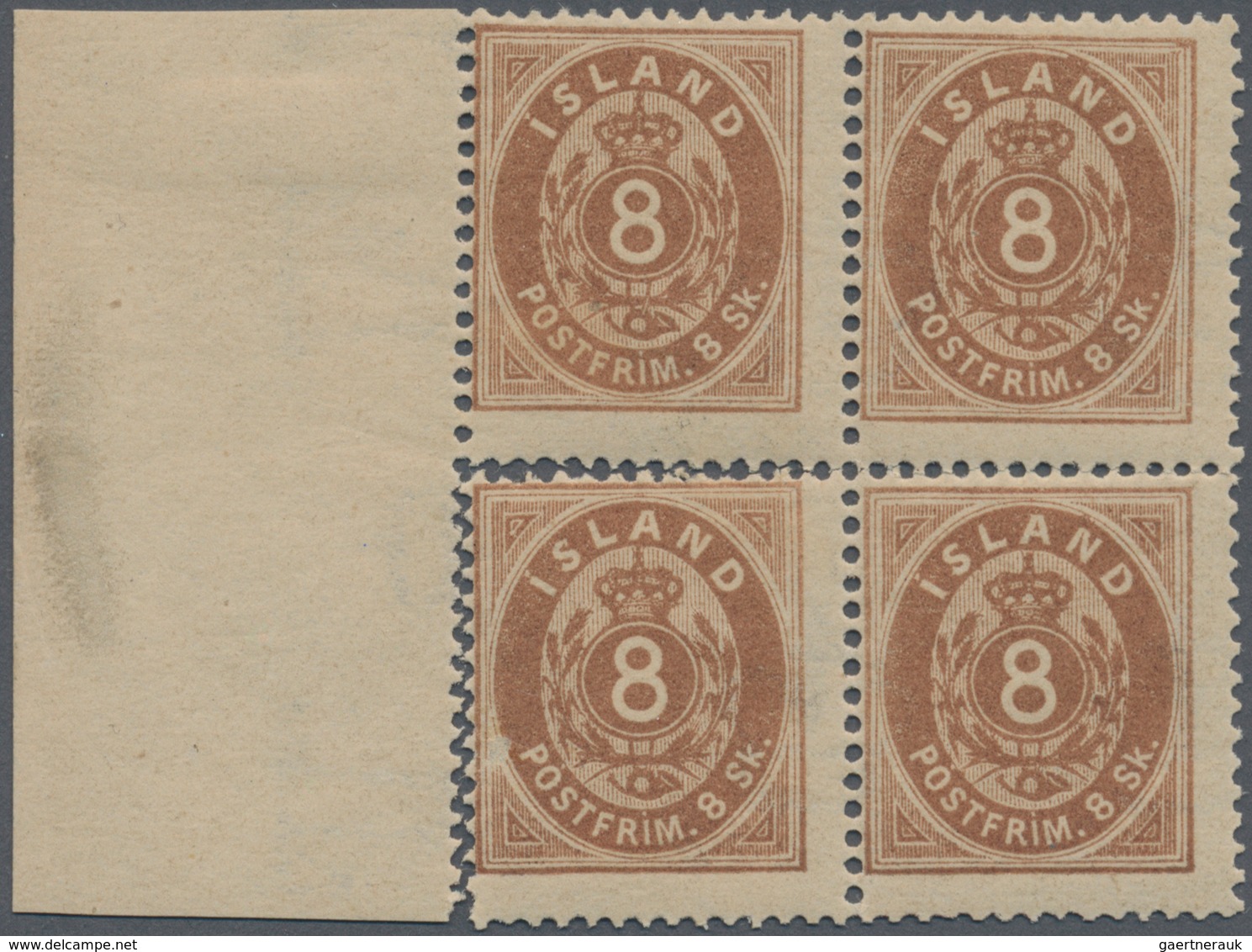 Island: 1873 8s. Brown Left-hand Marginal BLOCK OF FOUR, MINT NEVER HINGED. Lower Pair Separated Exc - Andere & Zonder Classificatie