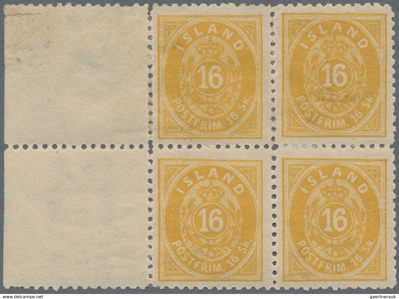 Island: 1873 16s. Yellow, Perf 12½, Left-hand Marginal Block Of Four, Mounted Mint With Several Smal - Sonstige & Ohne Zuordnung