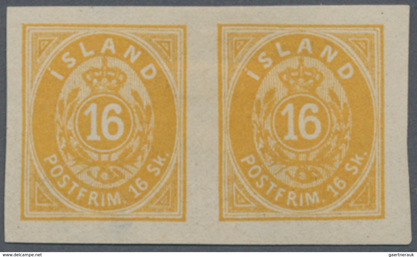Island: 1873 16s. Yellow IMPERF PAIR, Unused Without Gum As Issued, Fresh And Very Fine. A SUPERB AN - Andere & Zonder Classificatie