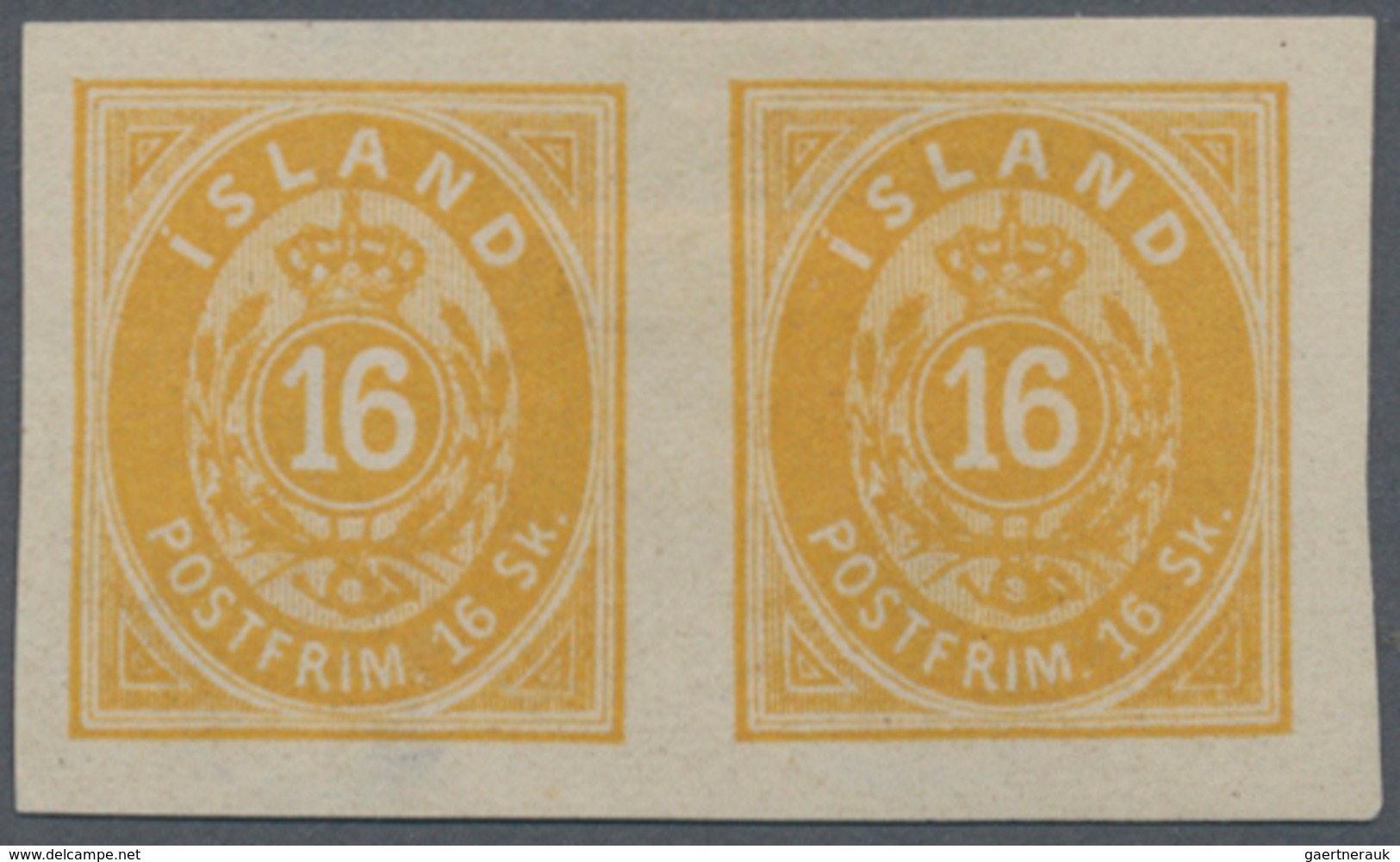 Island: 1873 16s. Yellow IMPERF PAIR, Unused Without Gum As Issued, Fresh And Very Fine. A SUPERB AN - Other & Unclassified