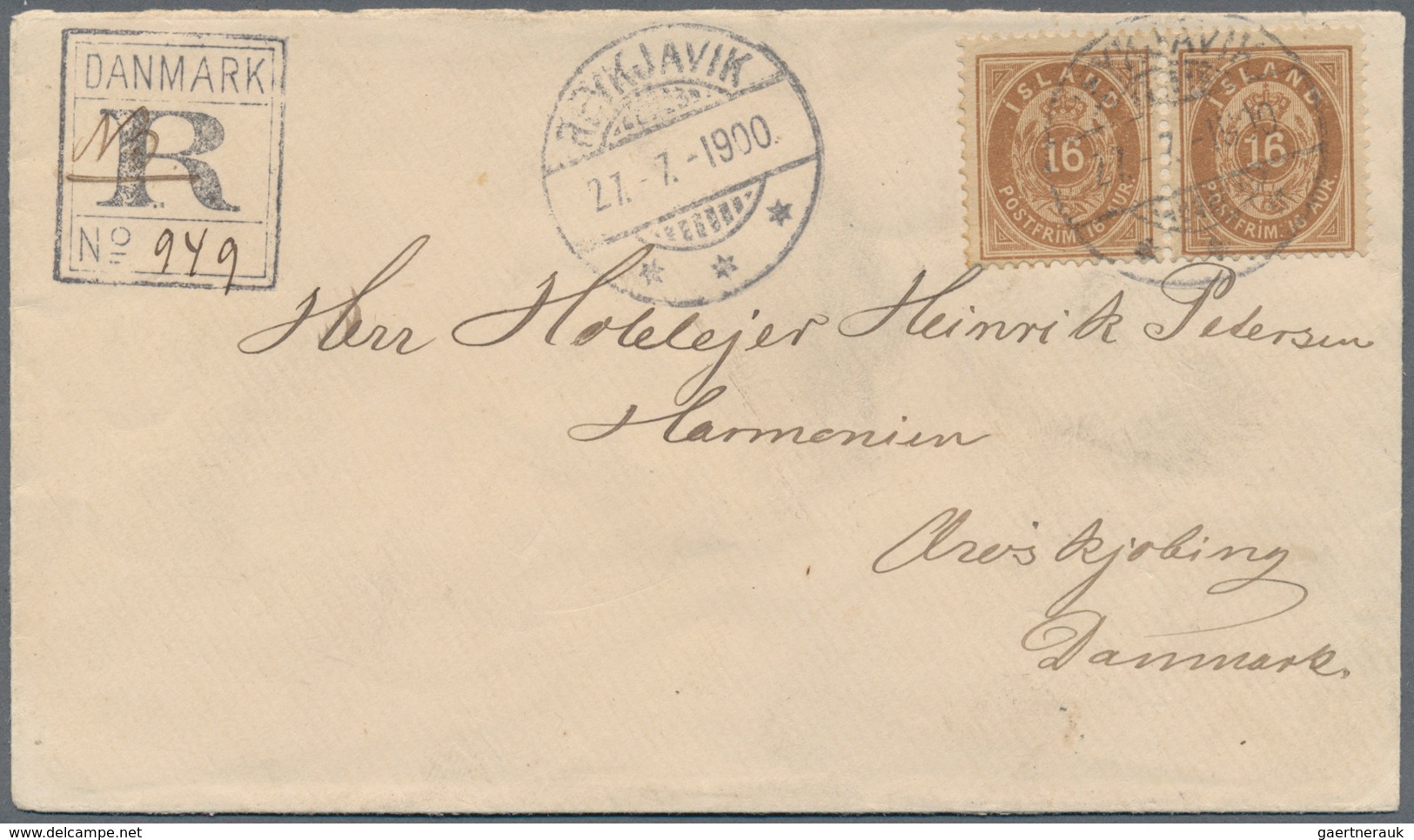 Island: 1897 16a. Brown Horizontal Pair Used On Registered Cover From Reykjavik To Ærøeskjøping, DEN - Sonstige & Ohne Zuordnung