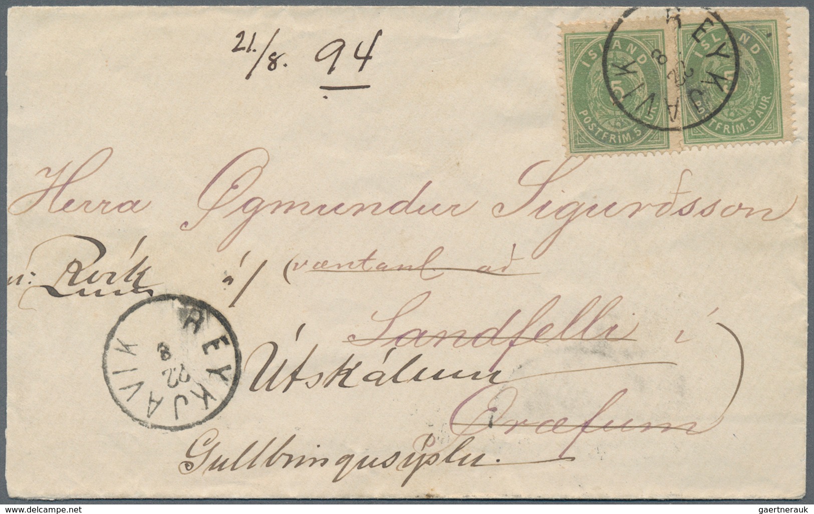 Island: 1894 Cover From Reykjavik To Sandfelli, Re-directed To Útskálum And Returned, Franked By Two - Other & Unclassified