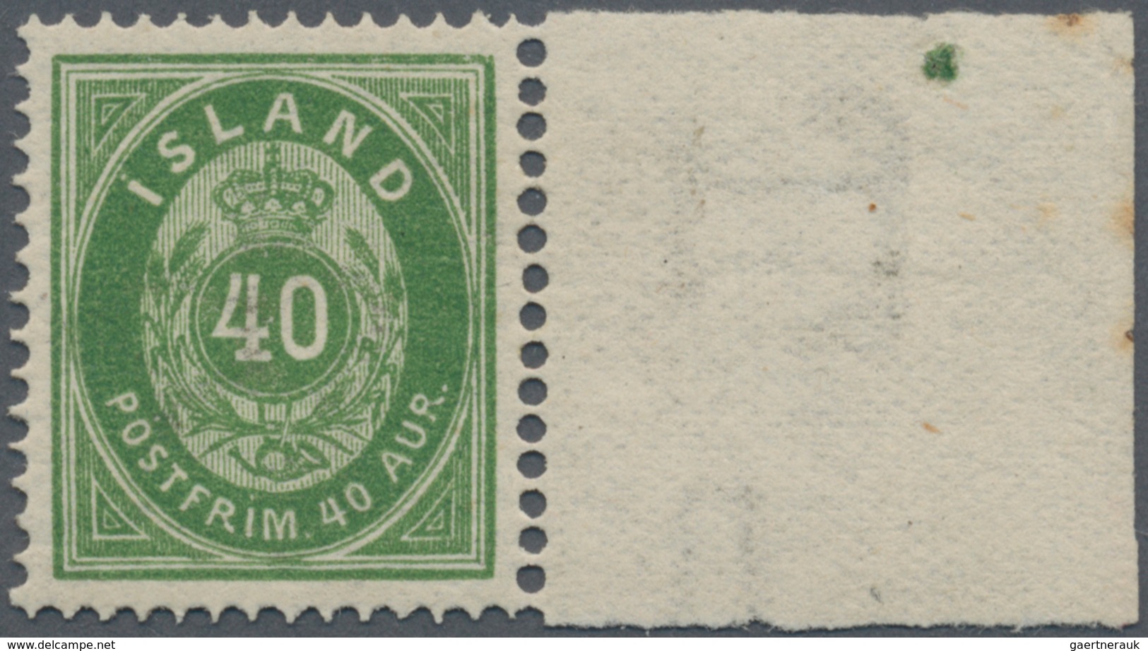 Island: 1876 40a. Green With 23 Mm Sheet Margin (showing Centering Point) At Right, Stamp MINT NEVER - Sonstige & Ohne Zuordnung