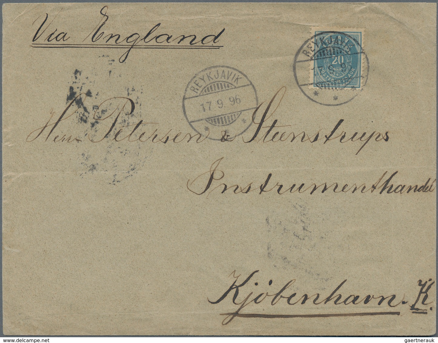 Island: 1896 Cover From Reykjavik To Copenhagen Via England, Franked By 1891 20a. Blue Tied By "REYK - Andere & Zonder Classificatie