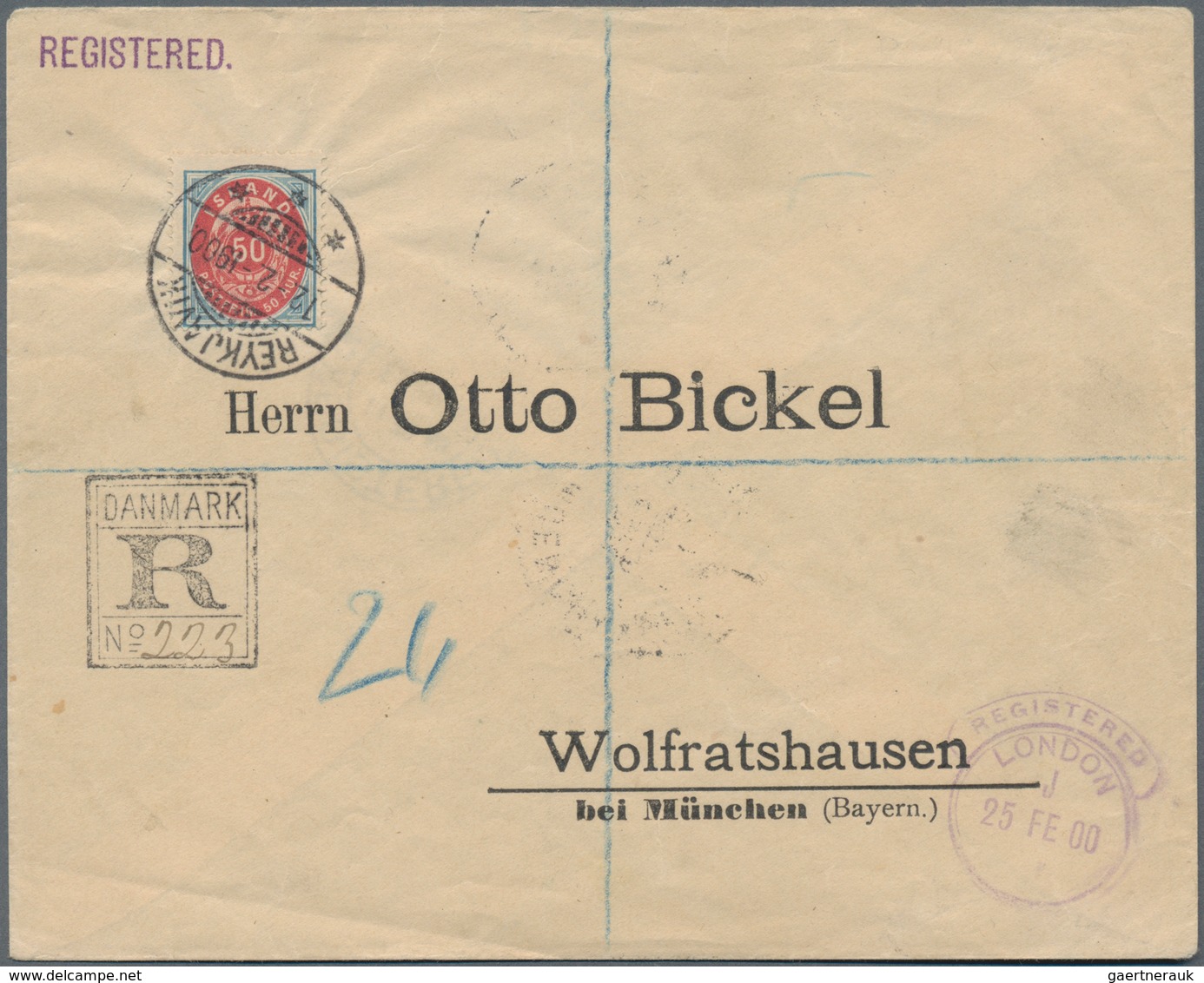 Island: 1892 50a. Red & Blue Used On Registered 'Bickel' Cover From Reykjavik To Wolfratshausen, Ger - Sonstige & Ohne Zuordnung