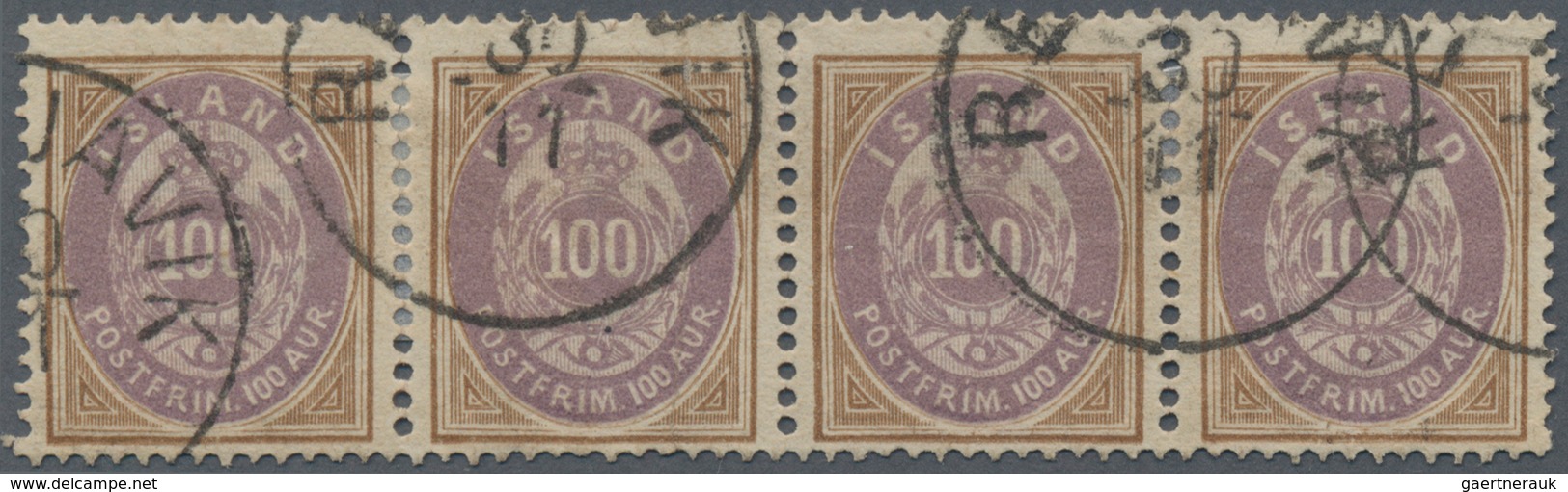 Island: 1892 100a. Lilac & Brown Horizontal Strip Of Four, Cancelled By "REYKJAVÍK/30/11" C.d.s. The - Other & Unclassified