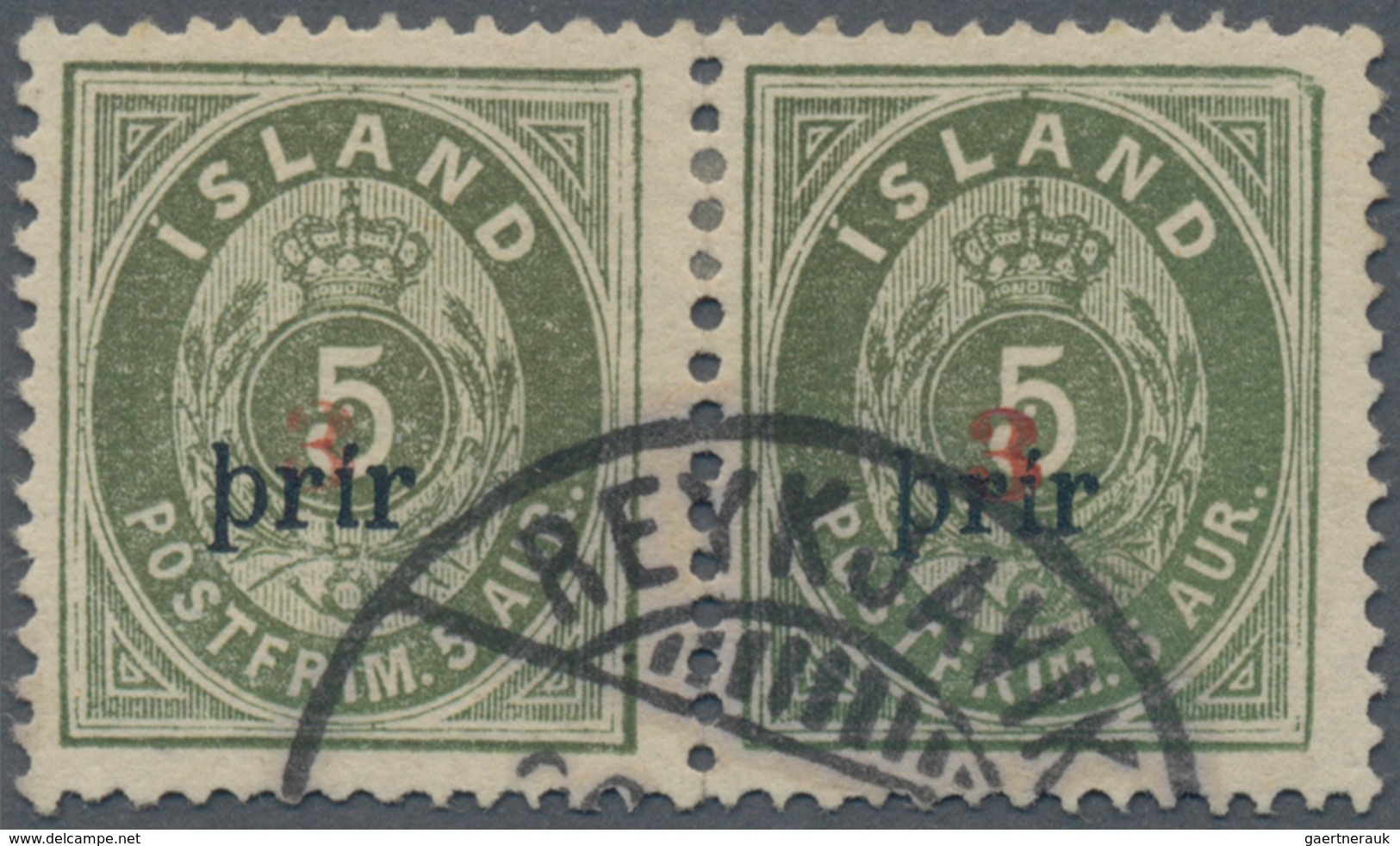 Island: 1897 Provisional 3 On 5a. Green HORIZONTAL PAIR, Perf 14x13½, Overprinted "3" In Red And LAR - Andere & Zonder Classificatie