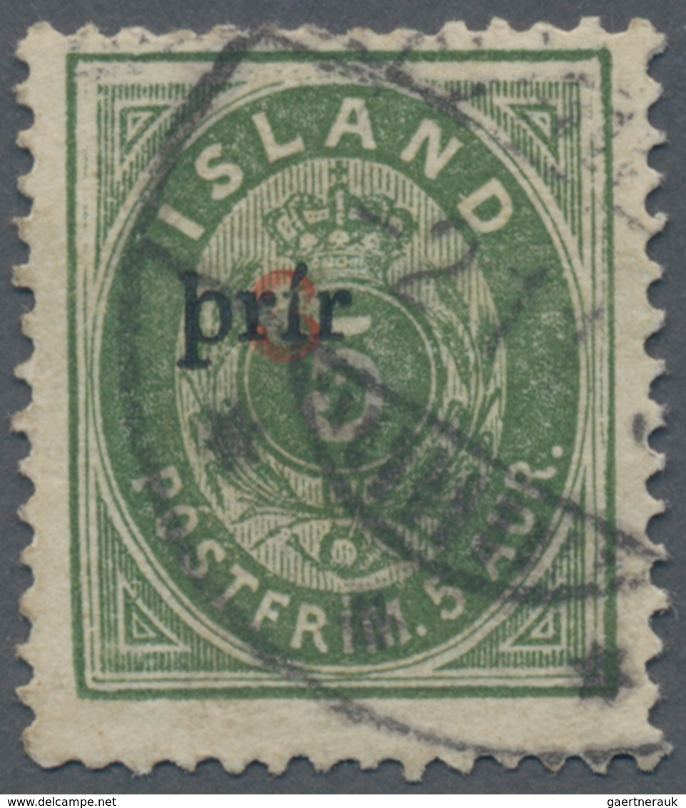 Island: 1897 Provisional 3 On 5a. Green, PERF 14x13½, Overprinted "3" In Red And Small "prir" In Bla - Autres & Non Classés