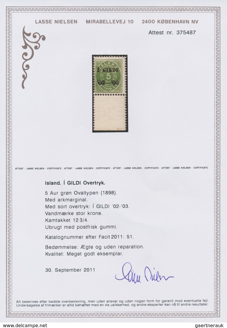 Island: 1902-03 5a. Green With Bottom Sheet Margin, Perf 12¾, With BLACK OVERPRINT "Í GILDI/'02-'03" - Other & Unclassified