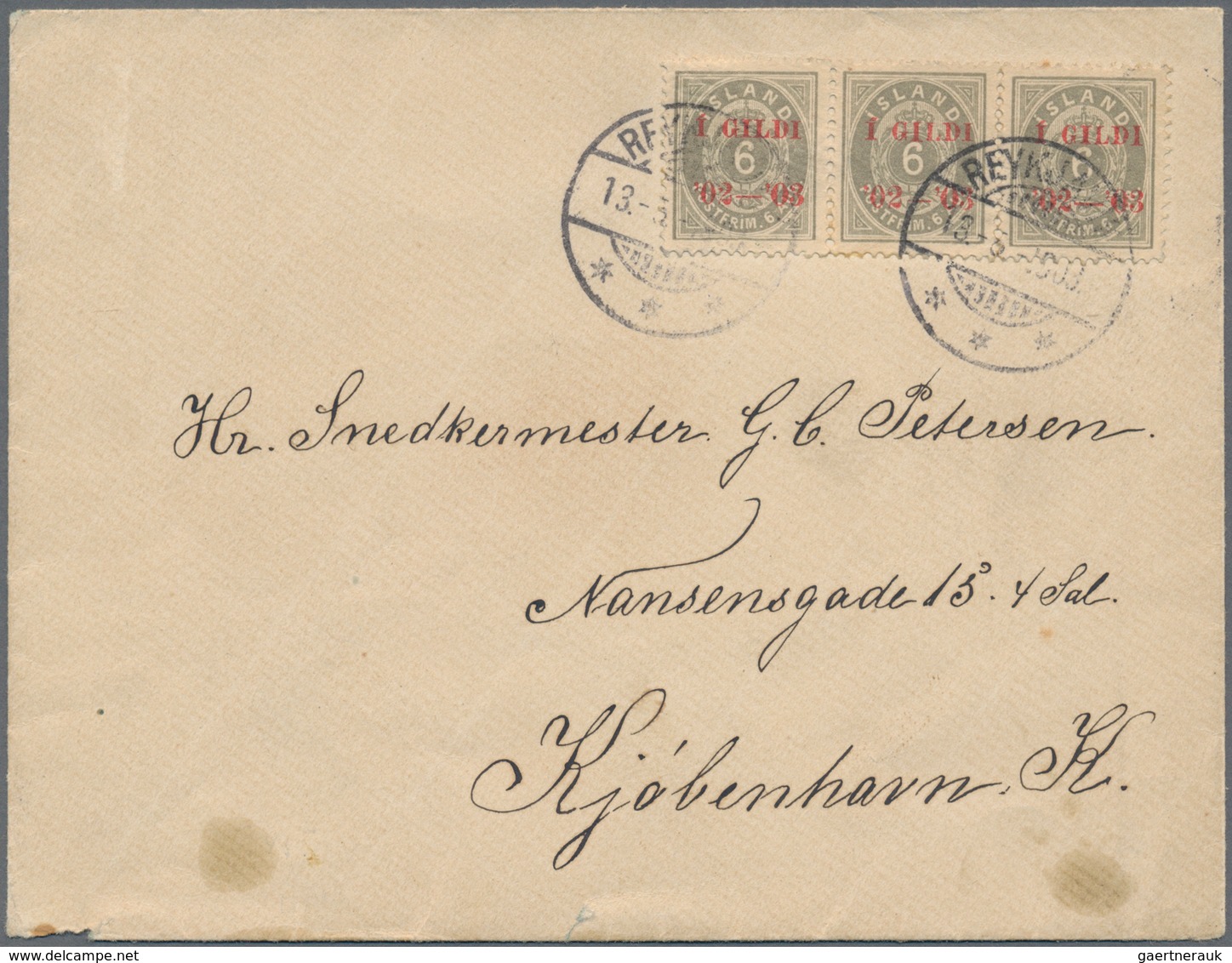 Island: 1902-03 6a. Grey Horizontal Strip Of Three, Optd. "Í GILDI/'02-'03" In Red, Used On Cover Fr - Other & Unclassified