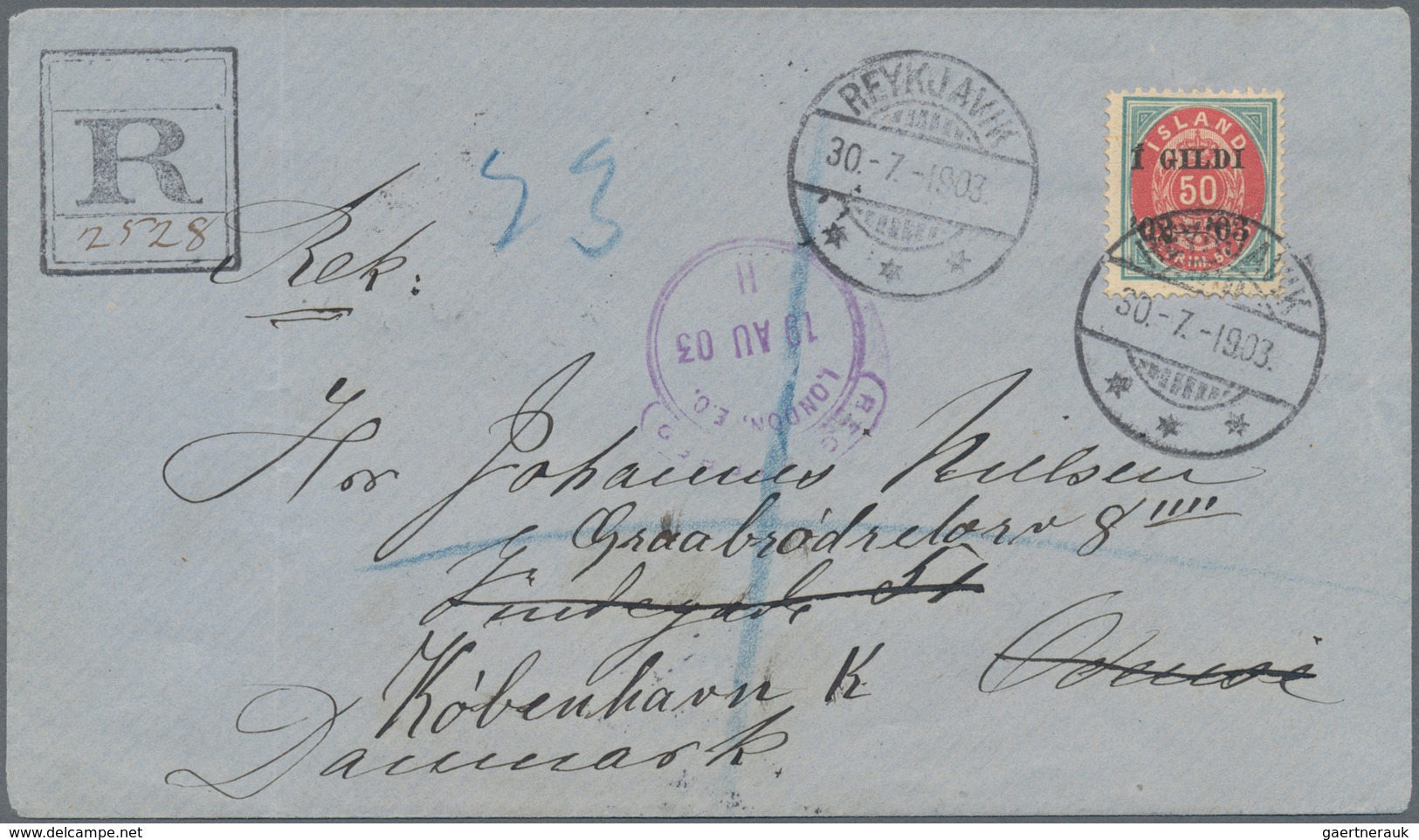 Island: 1902-03 50a. Optd. "Í GILDI/'02-'03" Used On Registered Cover From Reykjavik To Odense, Denm - Other & Unclassified