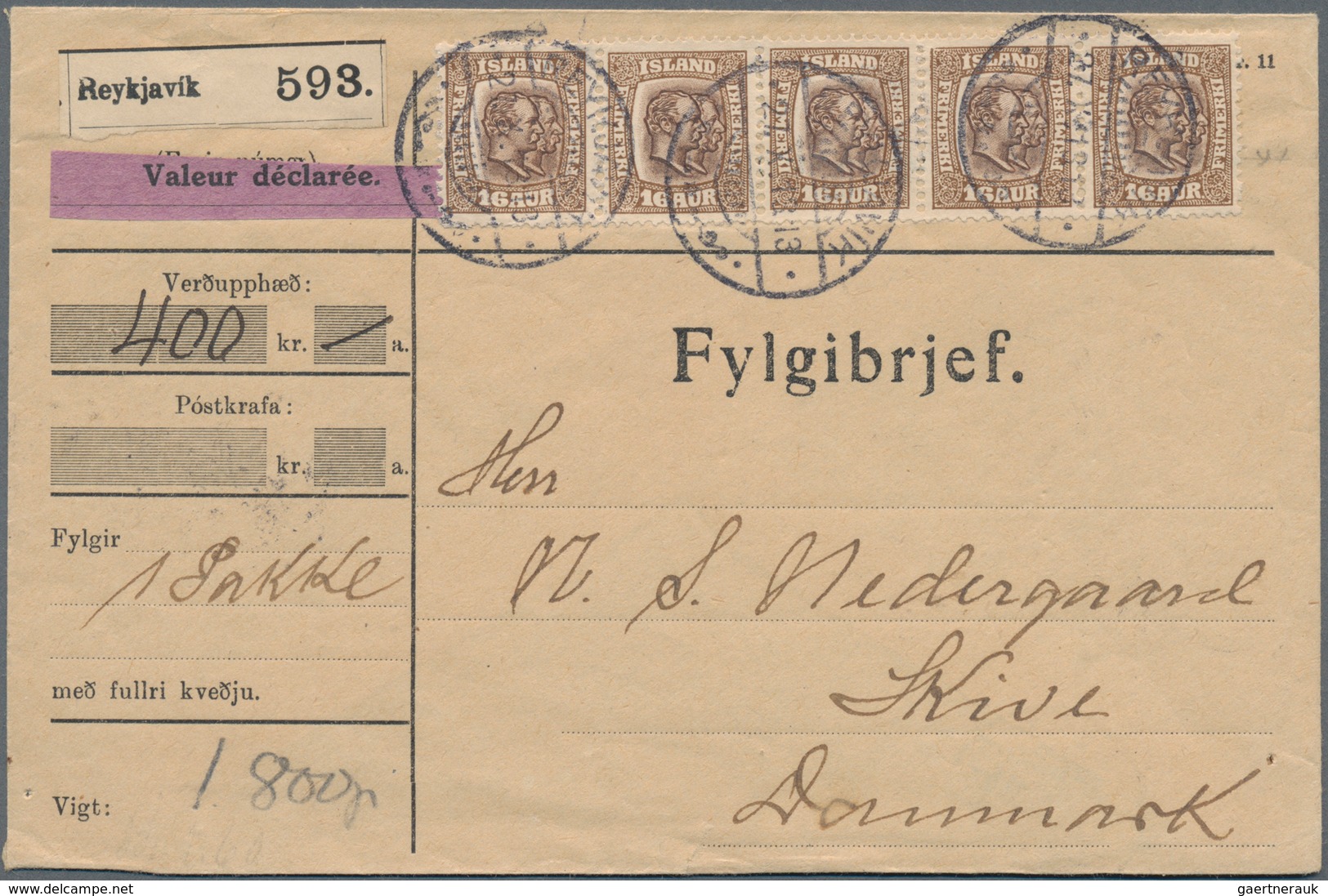 Island: 1907 16a. Brown Horizontal Strip Of Five Used On Insured Printed Parcel Acc. Cover From Reyk - Sonstige & Ohne Zuordnung