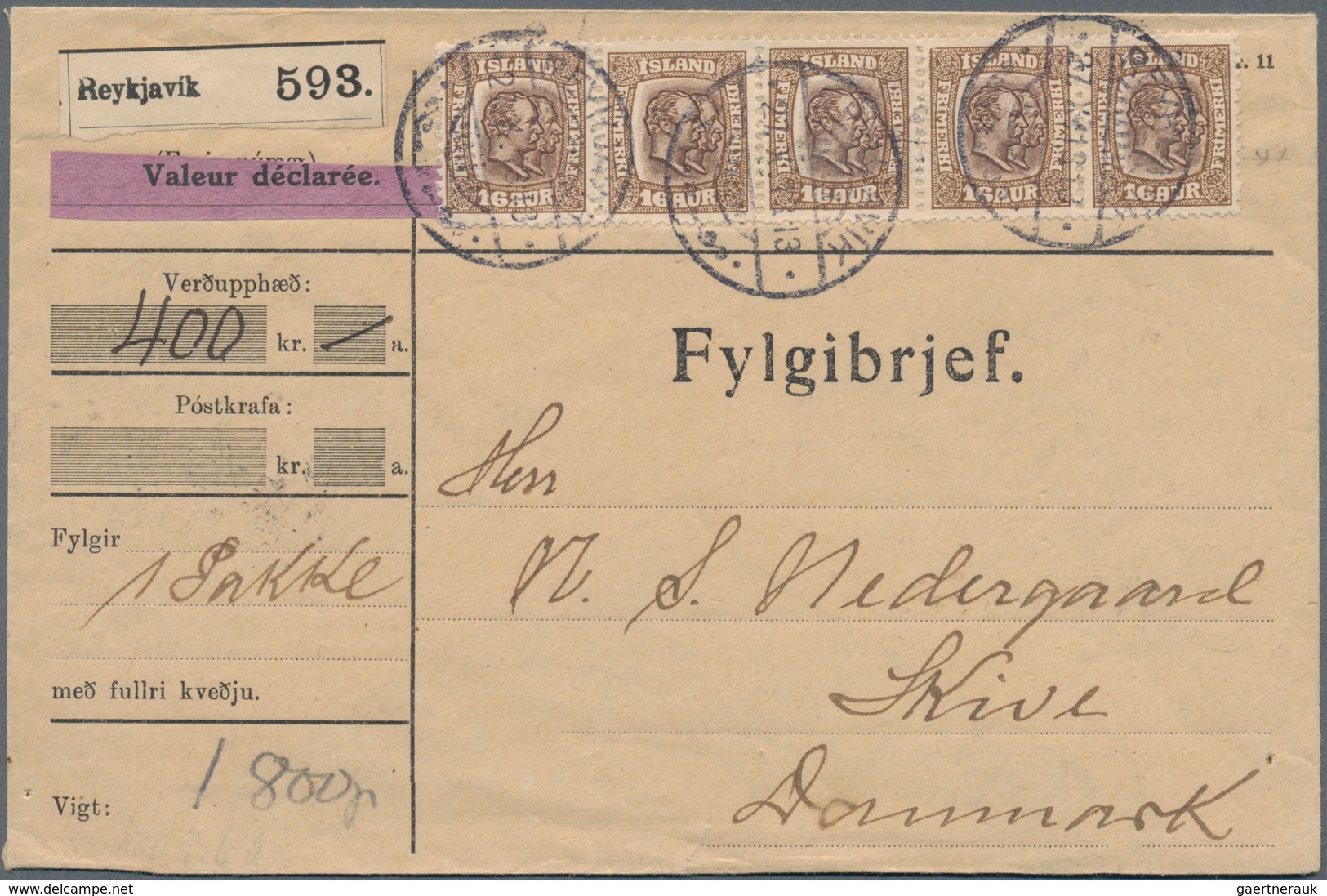 Island: 1907 16a. Brown Horizontal Strip Of Five Used On Insured Printed Parcel Acc. Cover From Reyk - Other & Unclassified