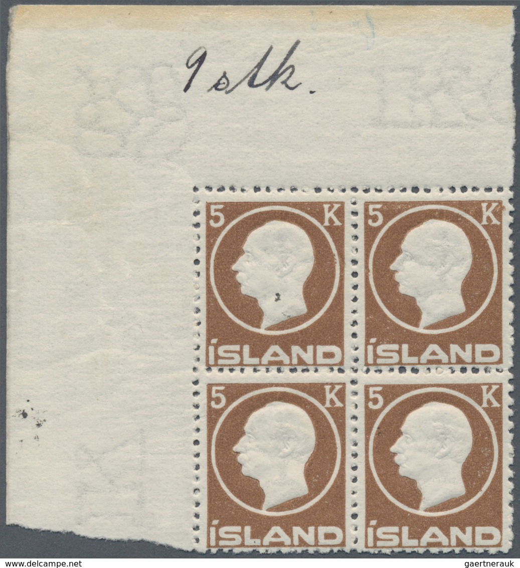 Island: 1912 King Frederik VIII. 5kr. Brown, Top Left Corner Block Of Four, Mint Never Hinged, Fresh - Other & Unclassified