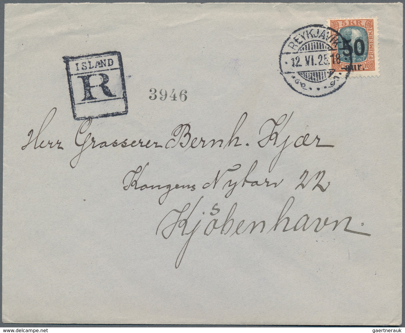 Island: 1925, 50 Aur On 5 Kr Overprint Stamp Single Franking On Registered Letter From Reykjavik To - Sonstige & Ohne Zuordnung