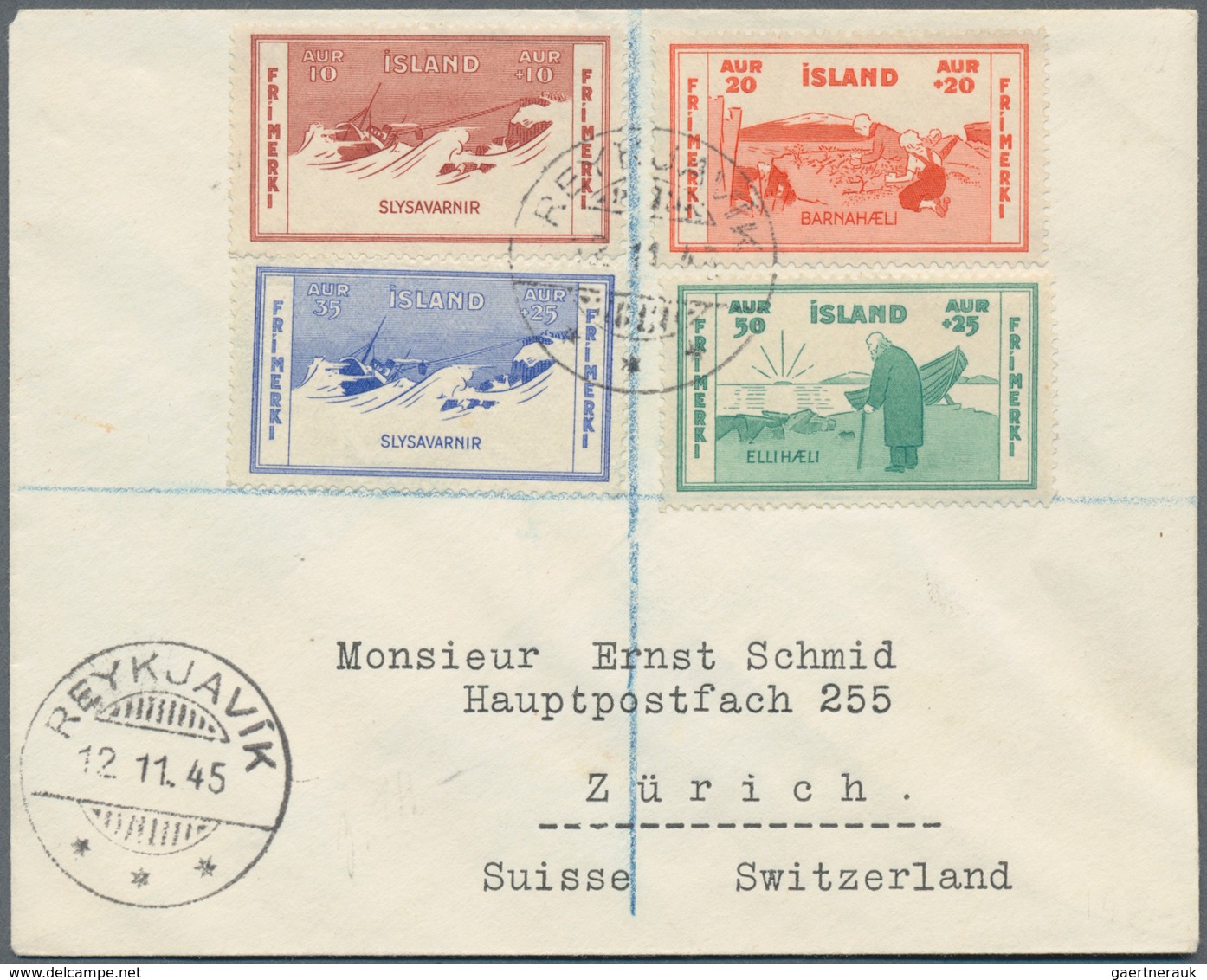 Island: 1945, 10 Aur To 50 Aur Complete Set On Small Cover From Reykjavik To Switzerland - Other & Unclassified