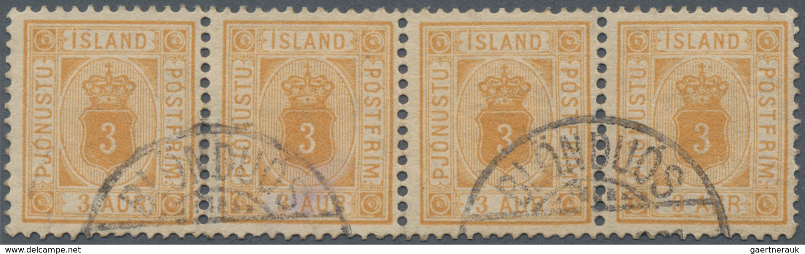 Island - Dienstmarken: 1882 3a. Ochre Horizontal Strip Of Four From 3rd Printing (1896), Perf 12¾, U - Dienstzegels