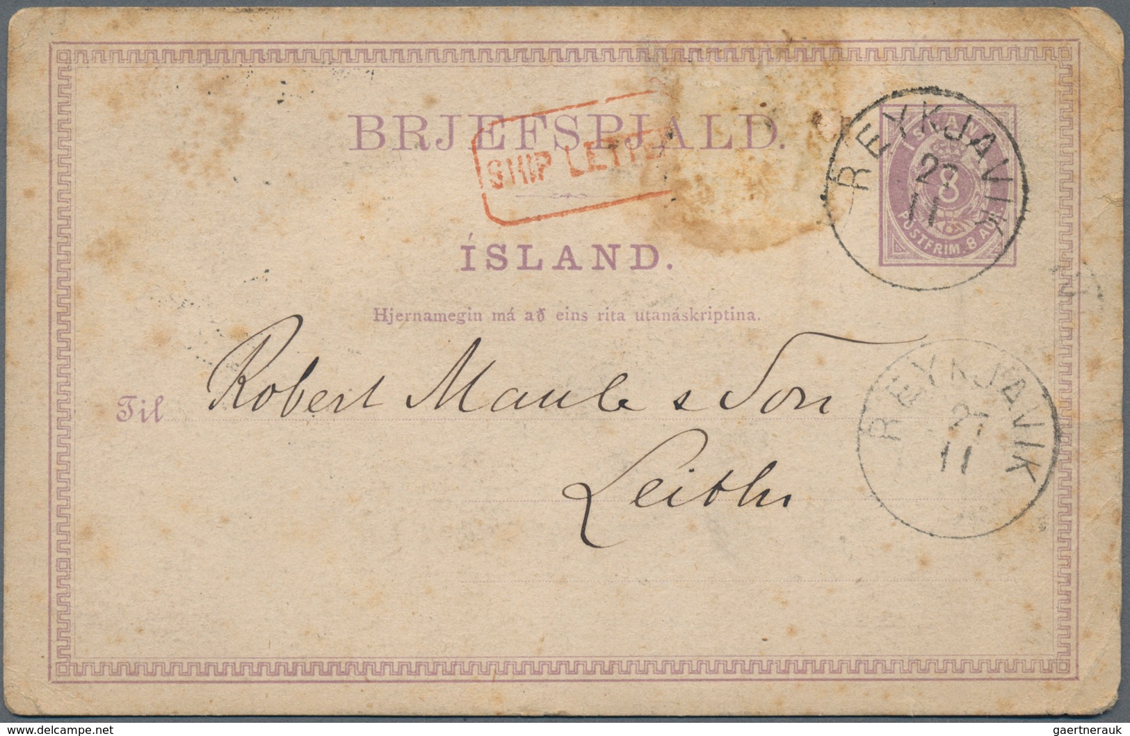 Island - Ganzsachen: 1880 Postal Stationery Card 8a. Lilac, Used From Reykjavik To Leith, England In - Postwaardestukken