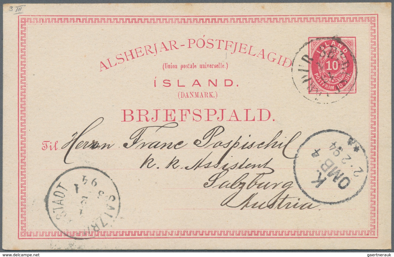 Island - Ganzsachen: 1880, 10 Aur Stationery Card In Two Different Types Sent With Text To Salzburg - Postwaardestukken