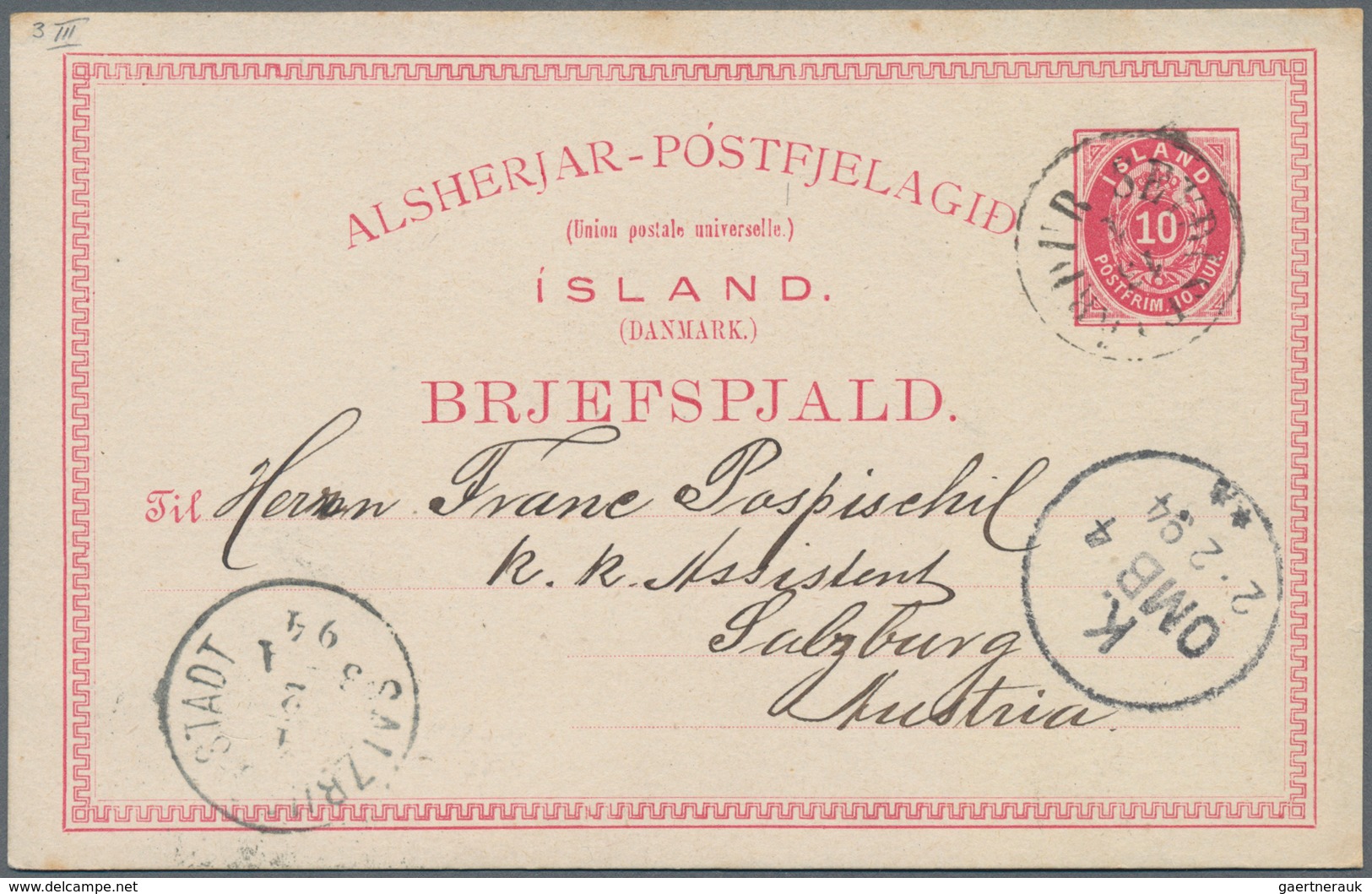 Island - Ganzsachen: 1880, 10 Aur Stationery Card In Two Different Types Sent With Text To Salzburg - Postal Stationery