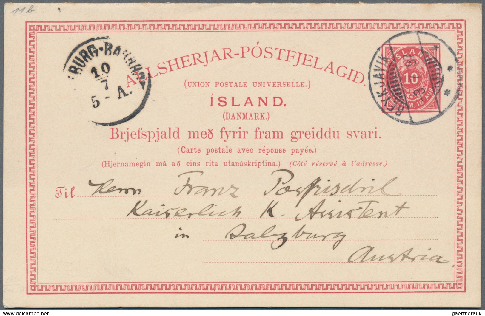 Island - Ganzsachen: 1890, 10 Aur Double Stationery Cards In Type "I" And "II" Sent Fron REYKJAVIK 1 - Postal Stationery