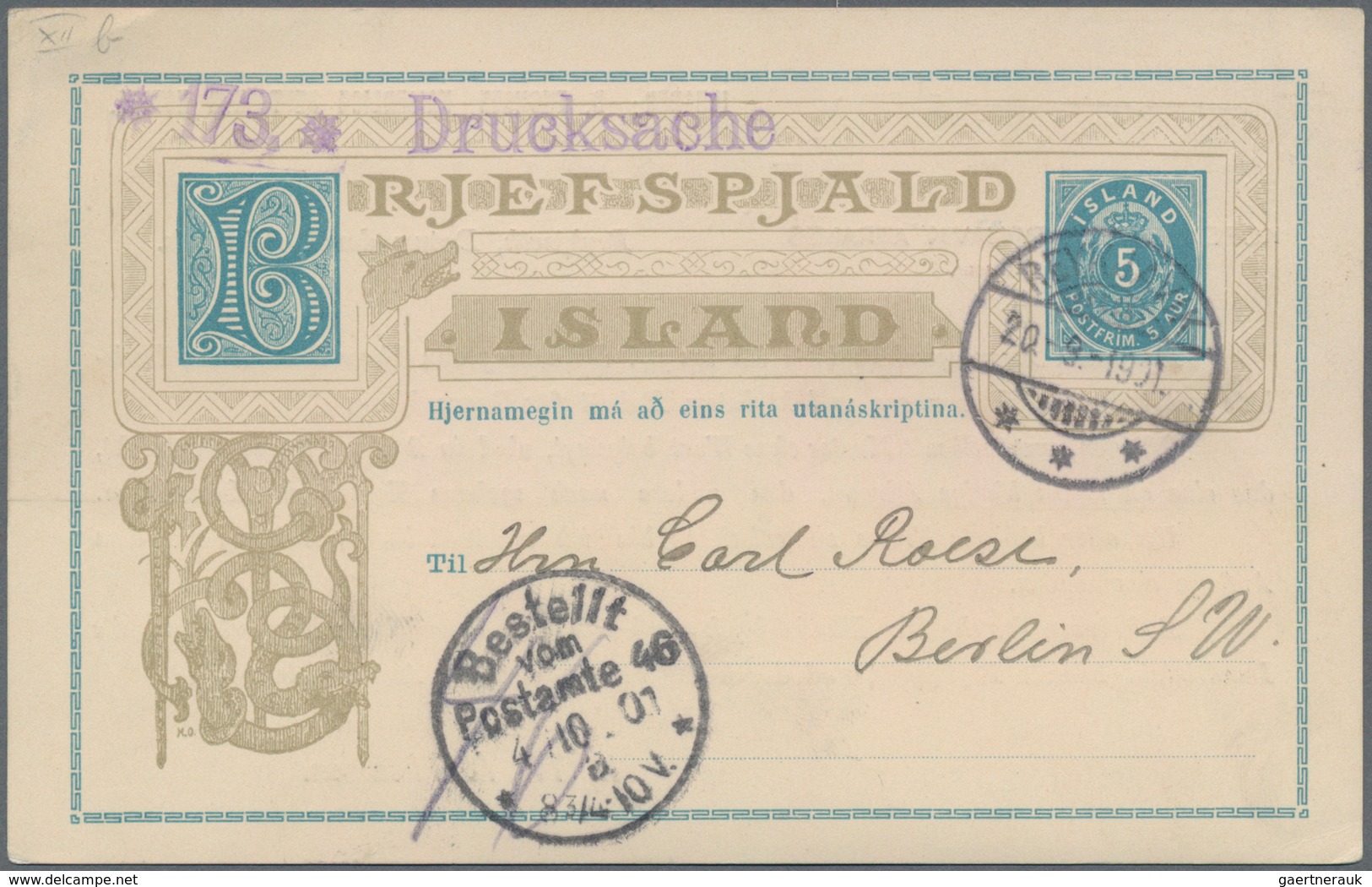 Island - Ganzsachen: 1901, 5 Aur Blue Postal Stationery Postcard To Berlin With Additional Print On - Ganzsachen