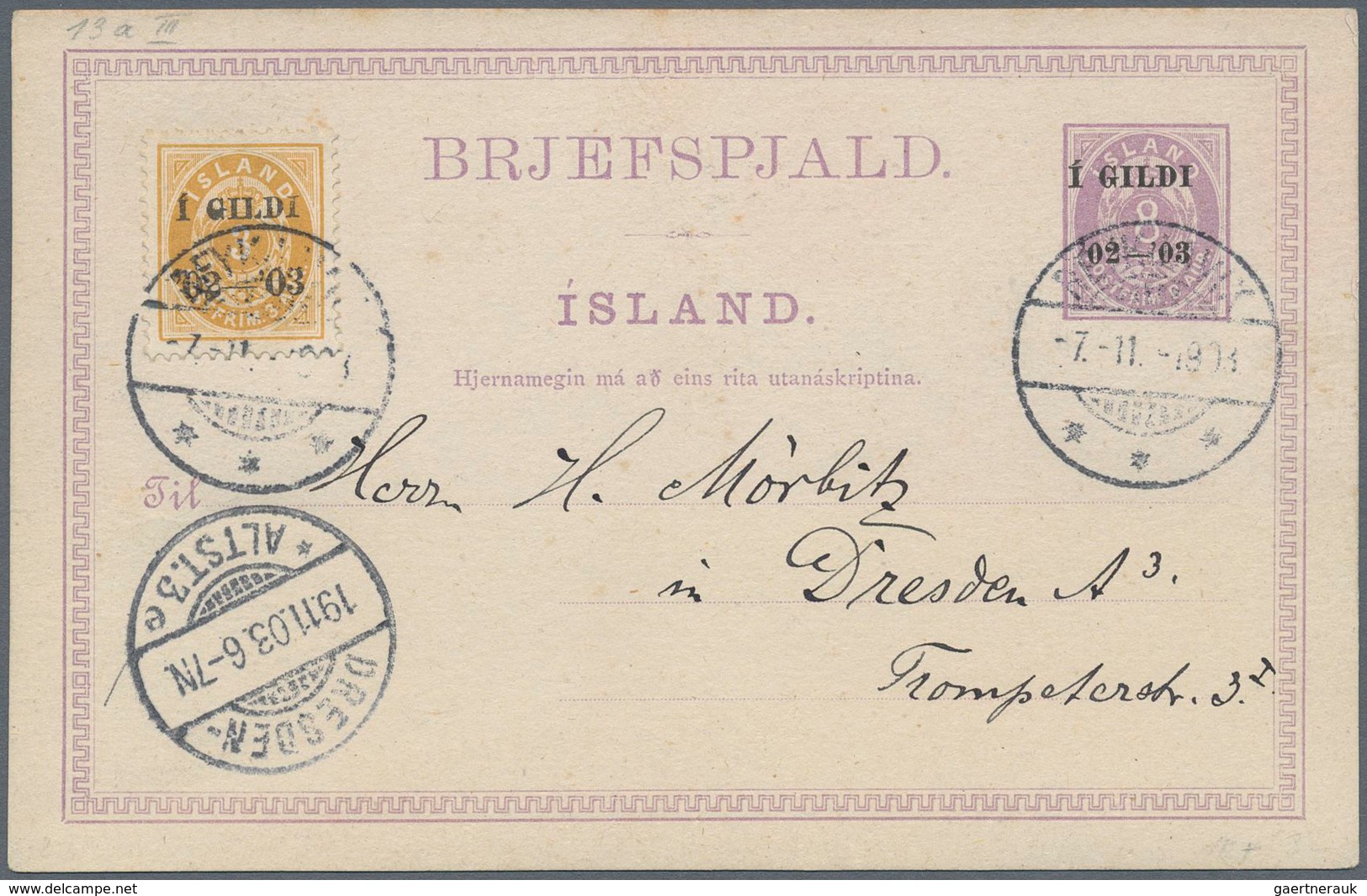 Island - Ganzsachen: 1902-03 Postal Stationery Card 8a. Violet, Optd. "Í GILDI/'02-'03" Used From Re - Postwaardestukken