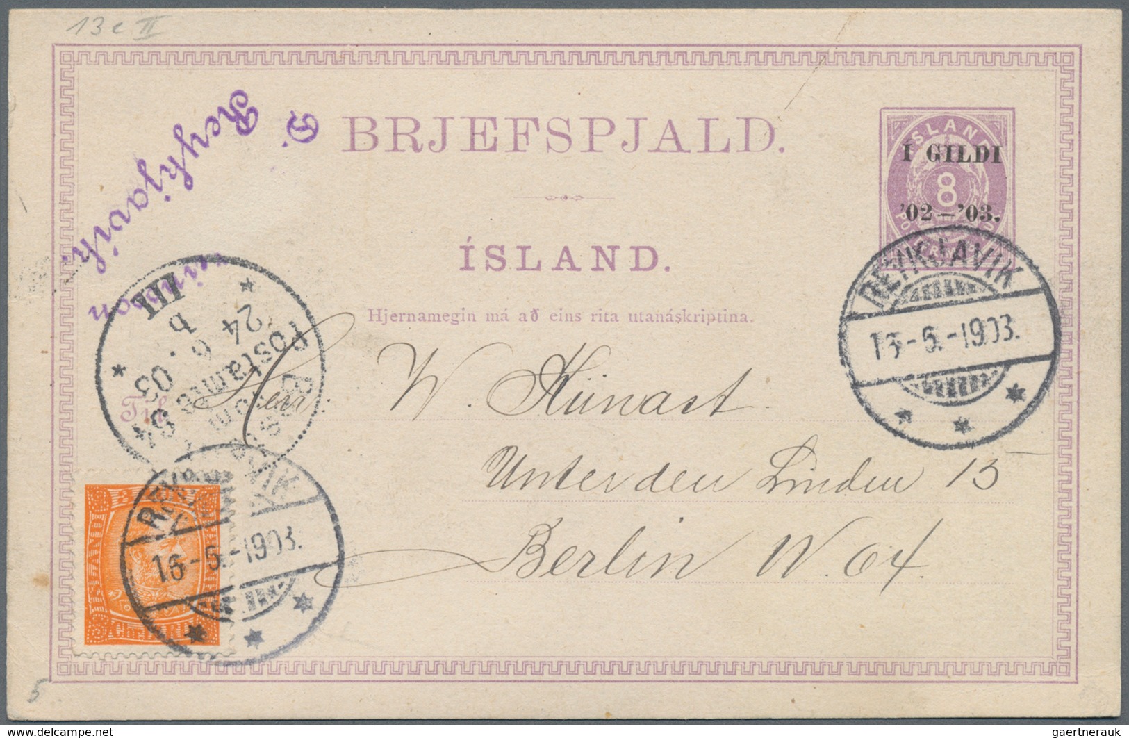Island - Ganzsachen: 1903, Stationery Card " 1 GILDI" On 8 Aur Uprated With 3 Aur Christian IX Sent - Postwaardestukken