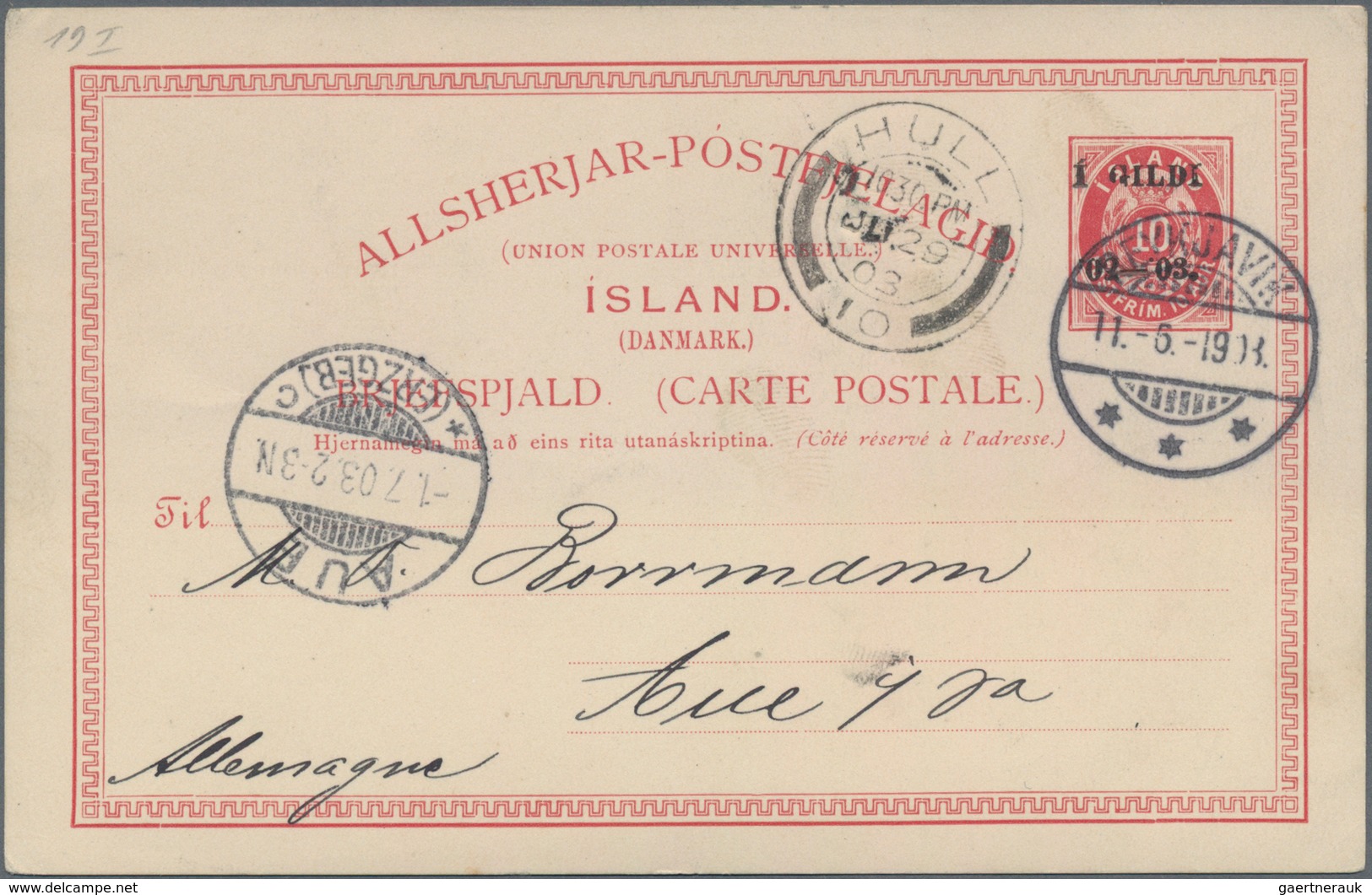 Island - Ganzsachen: 1903, 1 Gildi On 10 Aur Red Postal Stationery Overprint Postcard From Reykjavik - Ganzsachen