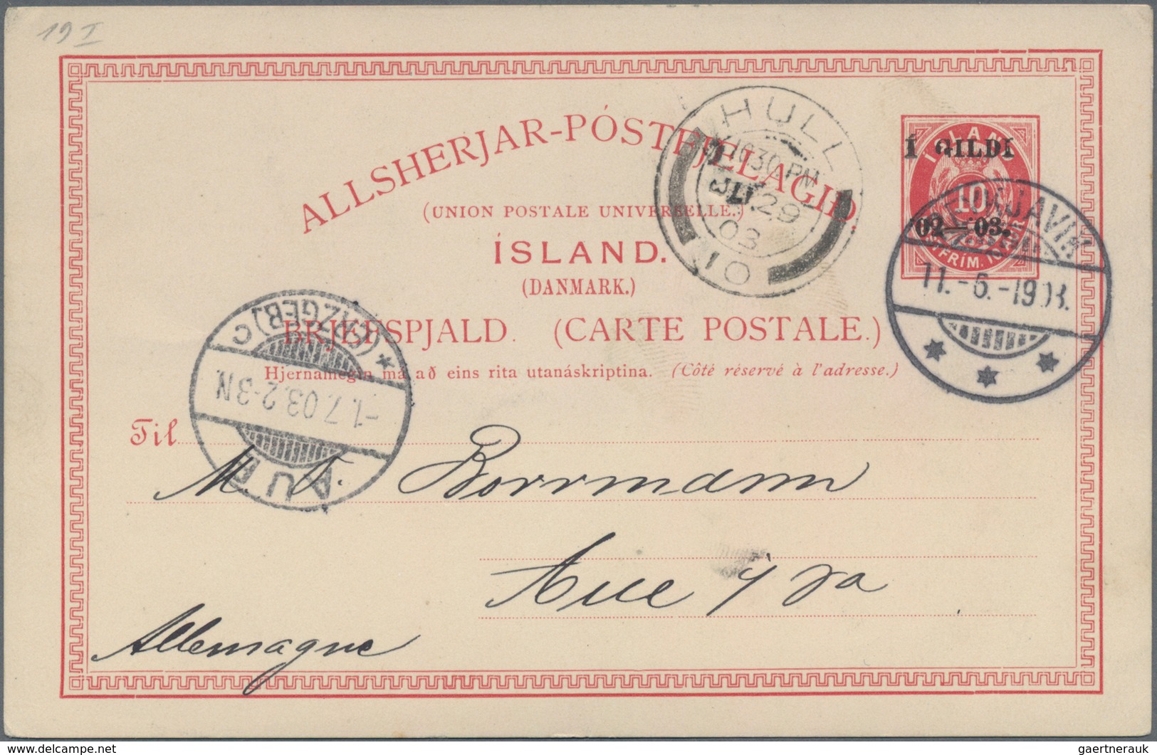 Island - Ganzsachen: 1903, 1 Gildi On 10 Aur Red Postal Stationery Overprint Postcard From Reykjavik - Postal Stationery