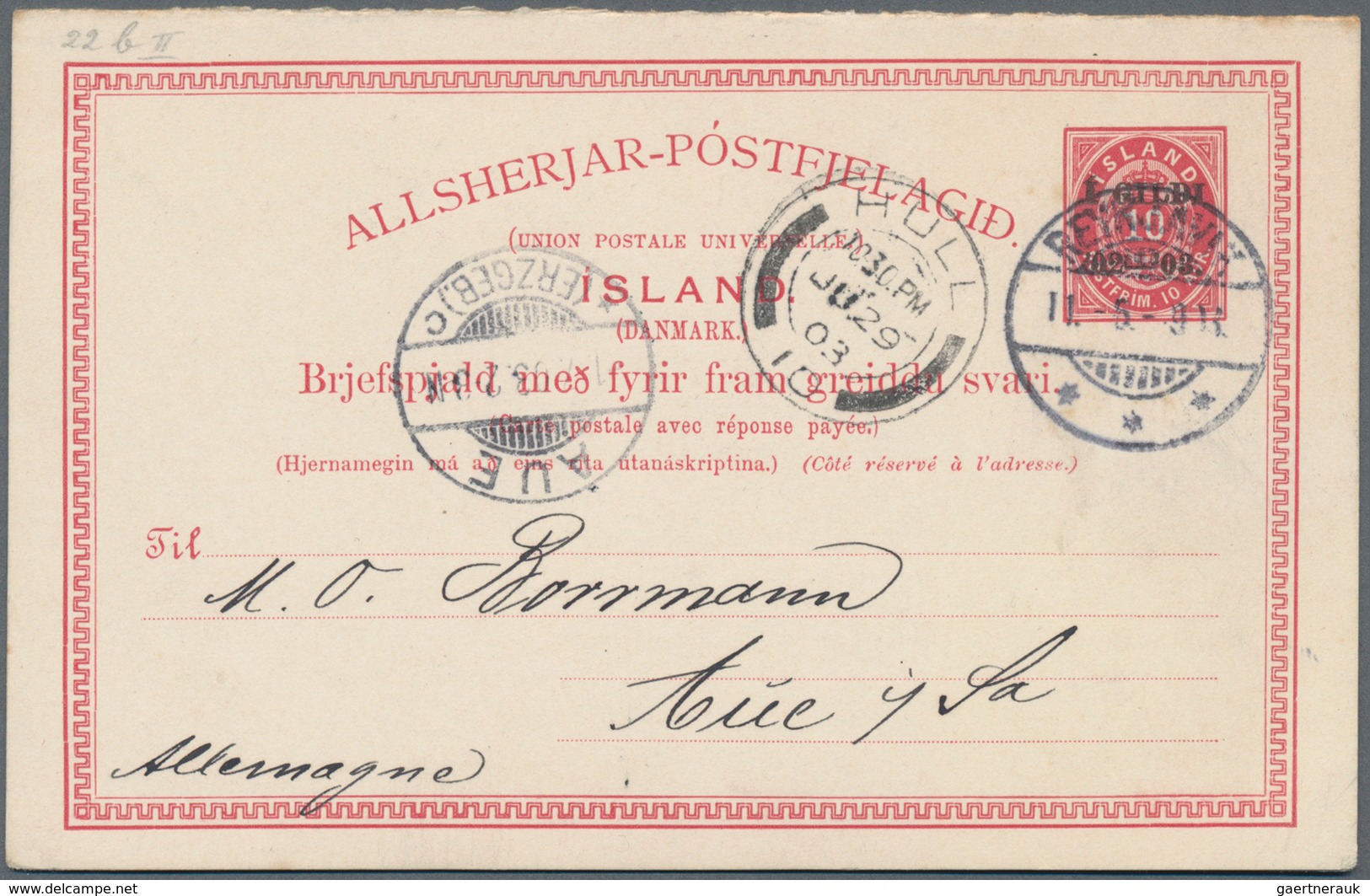 Island - Ganzsachen: 1903, Stationery Double Card "1 GILDI" On 10 Aur Sent, Without Text, From REYKJ - Ganzsachen